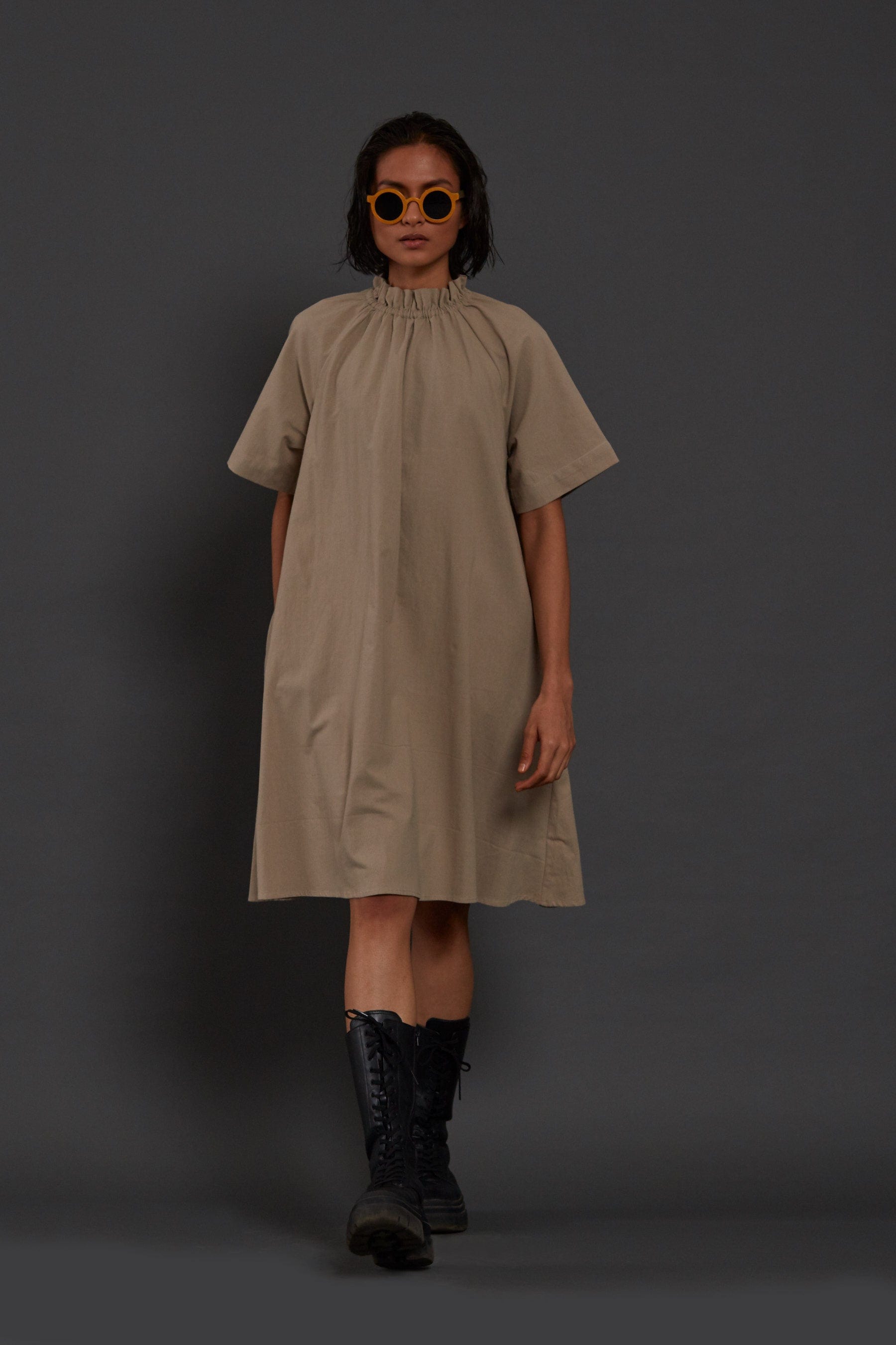 Handcrafted from Handwoven Organic Cotton Beige Tora Dresses for Women, by Sustainable Fashion Designer Clothing Label MATI