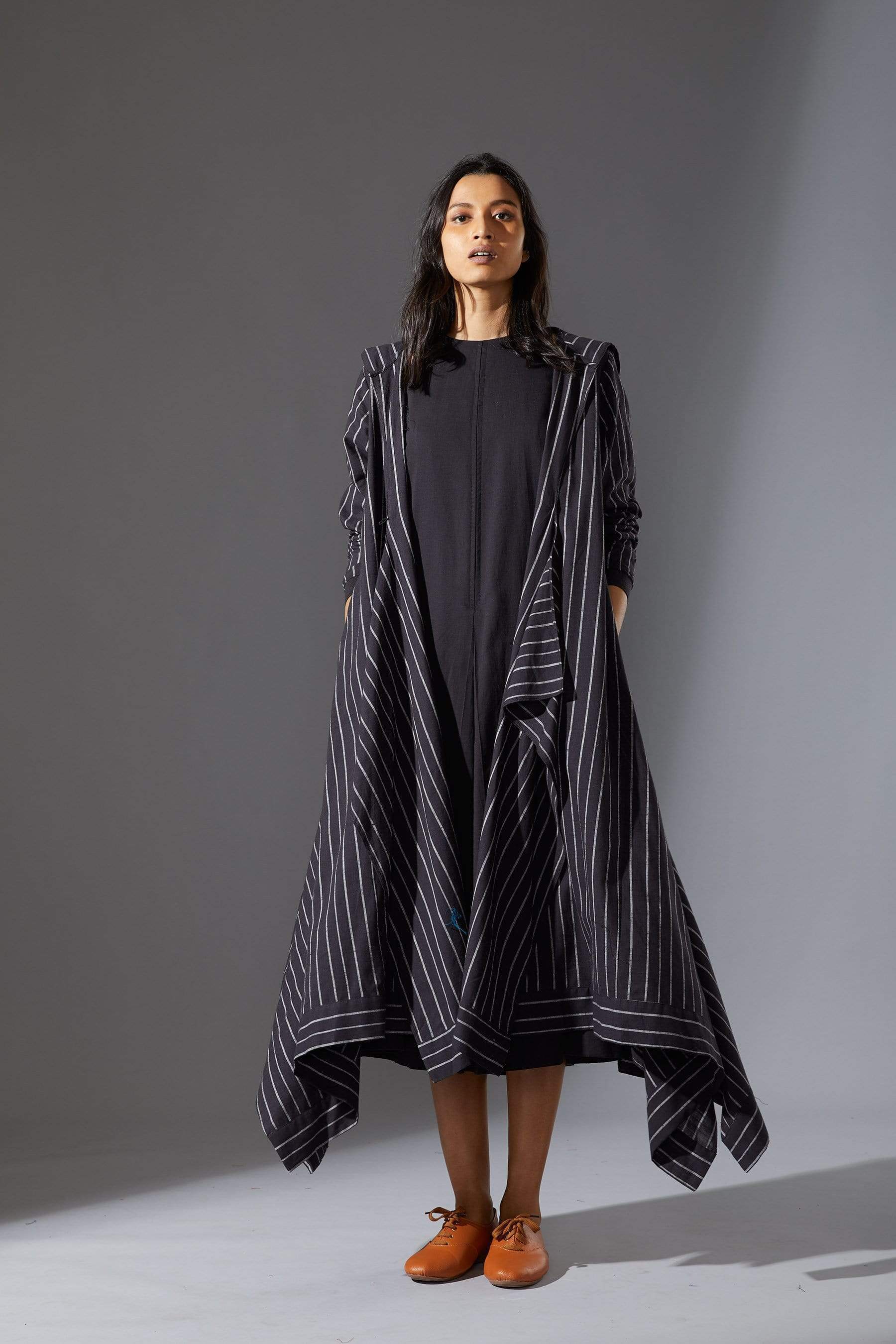 Handcrafted from Handwoven Organic Cotton, Black Dress & Jacket Coord Set for Women by Sustainable Fashion Designer Clothing Label MATI