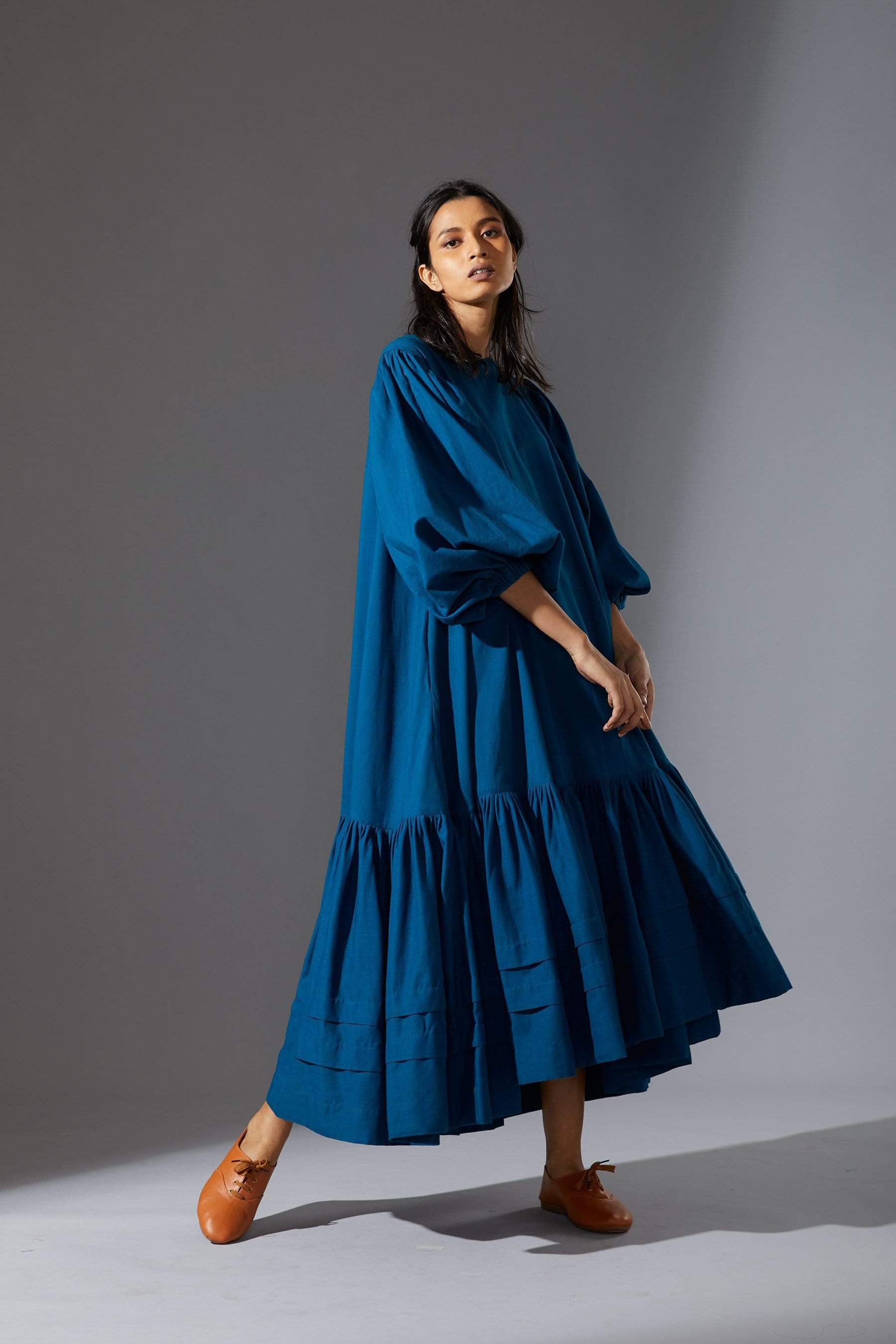 Detail shot of MATI Kaavya Blue Dress — handwoven cotton slub texture and sleeve detail