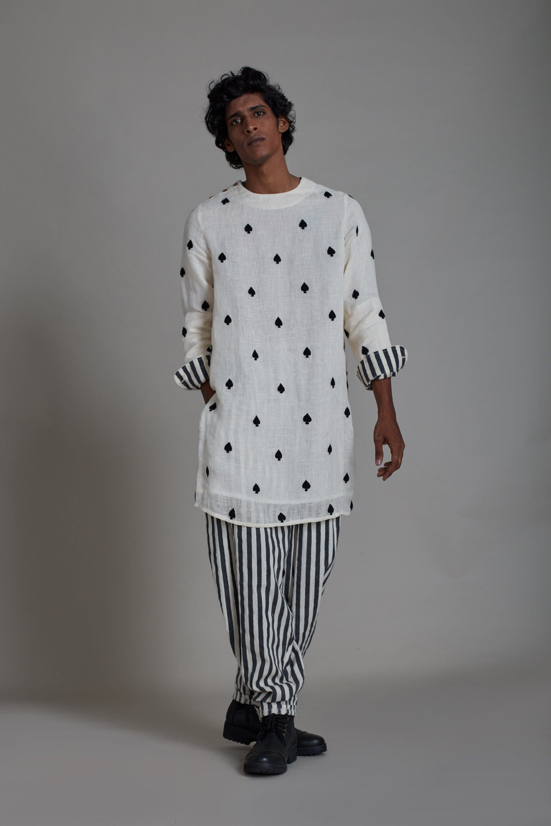 Full length view of men's oatmeal linen festive kurta – MATI TAASH collection