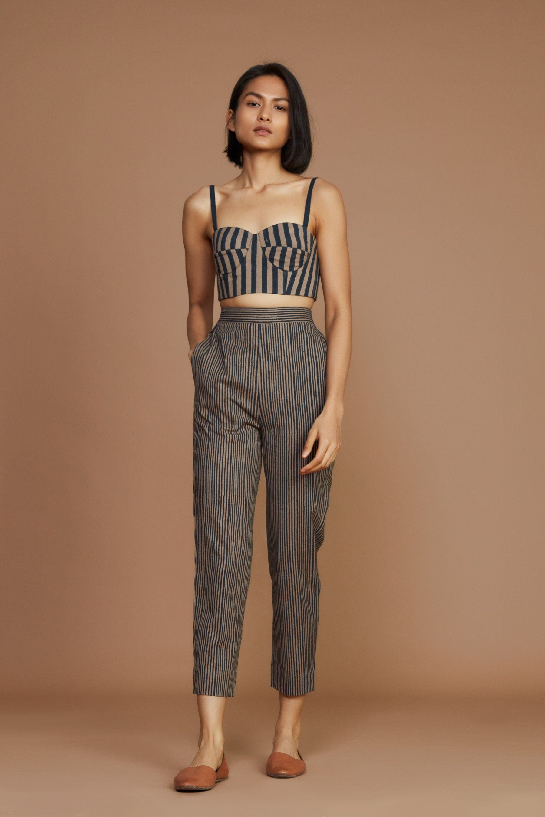 Handcrafted from Handwoven Organic Cotton, Striped Brown Coord Set for Women by Sustainable Fashion Designer Clothing Label MATI