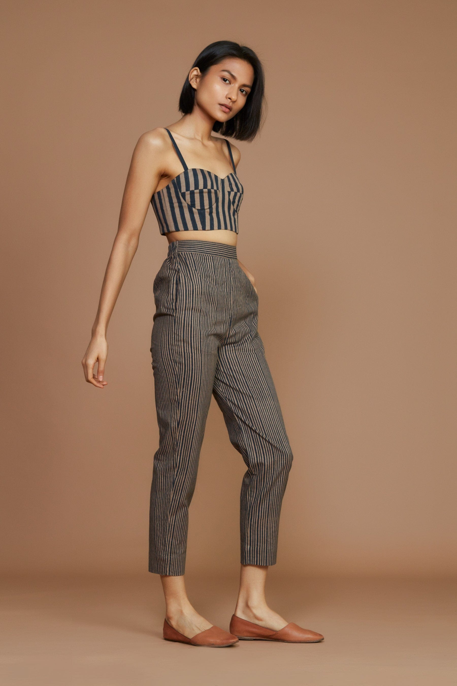Handcrafted from Handwoven Organic Cotton, Striped Brown Coord Set for Women by Sustainable Fashion Designer Clothing Label MATI