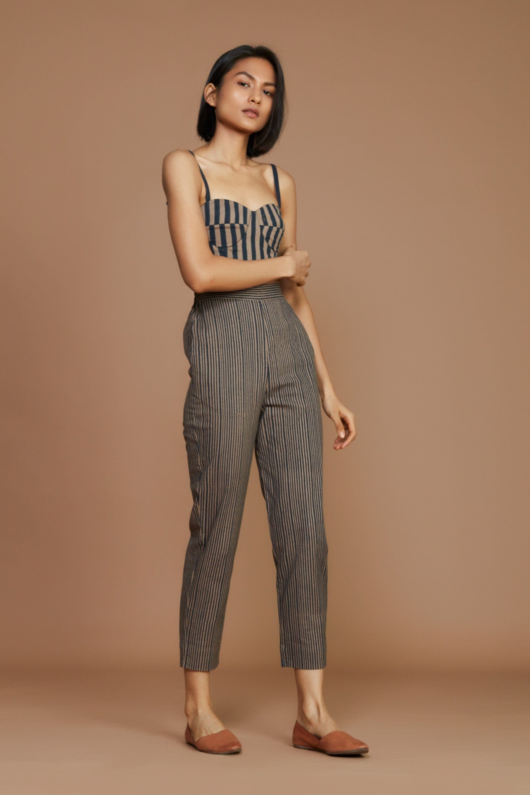 Handcrafted from Handwoven Organic Cotton, Striped Brown Coord Set for Women by Sustainable Fashion Designer Clothing Label MATI