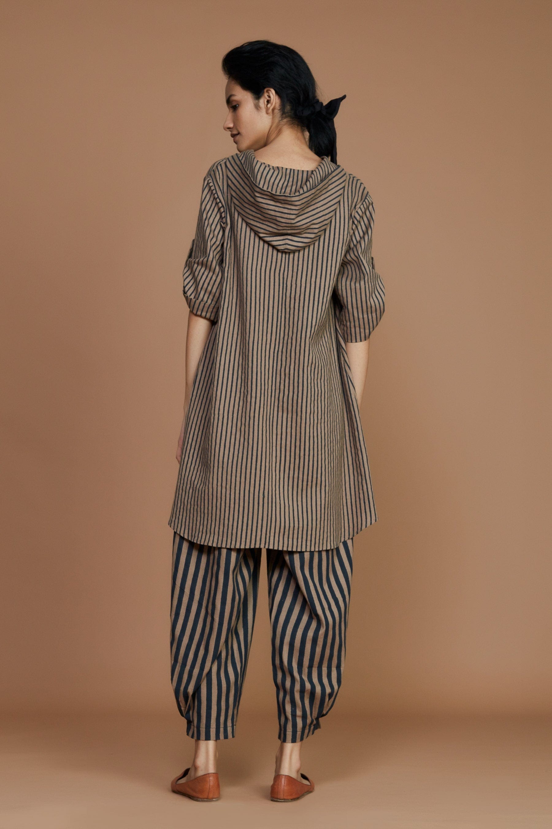 Handcrafted from Handwoven Organic Cotton, Striped Brown Hooded Coord Set for Women by Sustainable Fashion Designer Clothing Label MATI