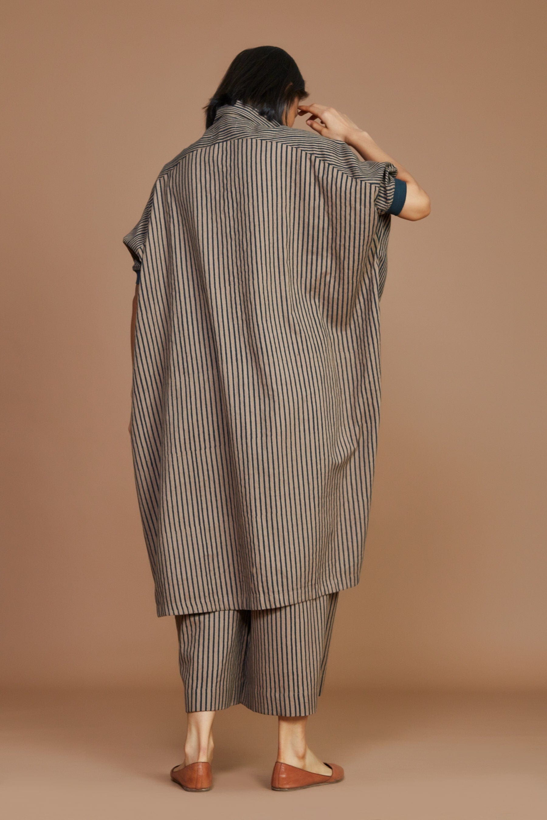 Handcrafted from Handwoven Organic Cotton, Striped Brown Kaftan Coord Set for Women by Sustainable Fashion Designer Clothing Label MATI