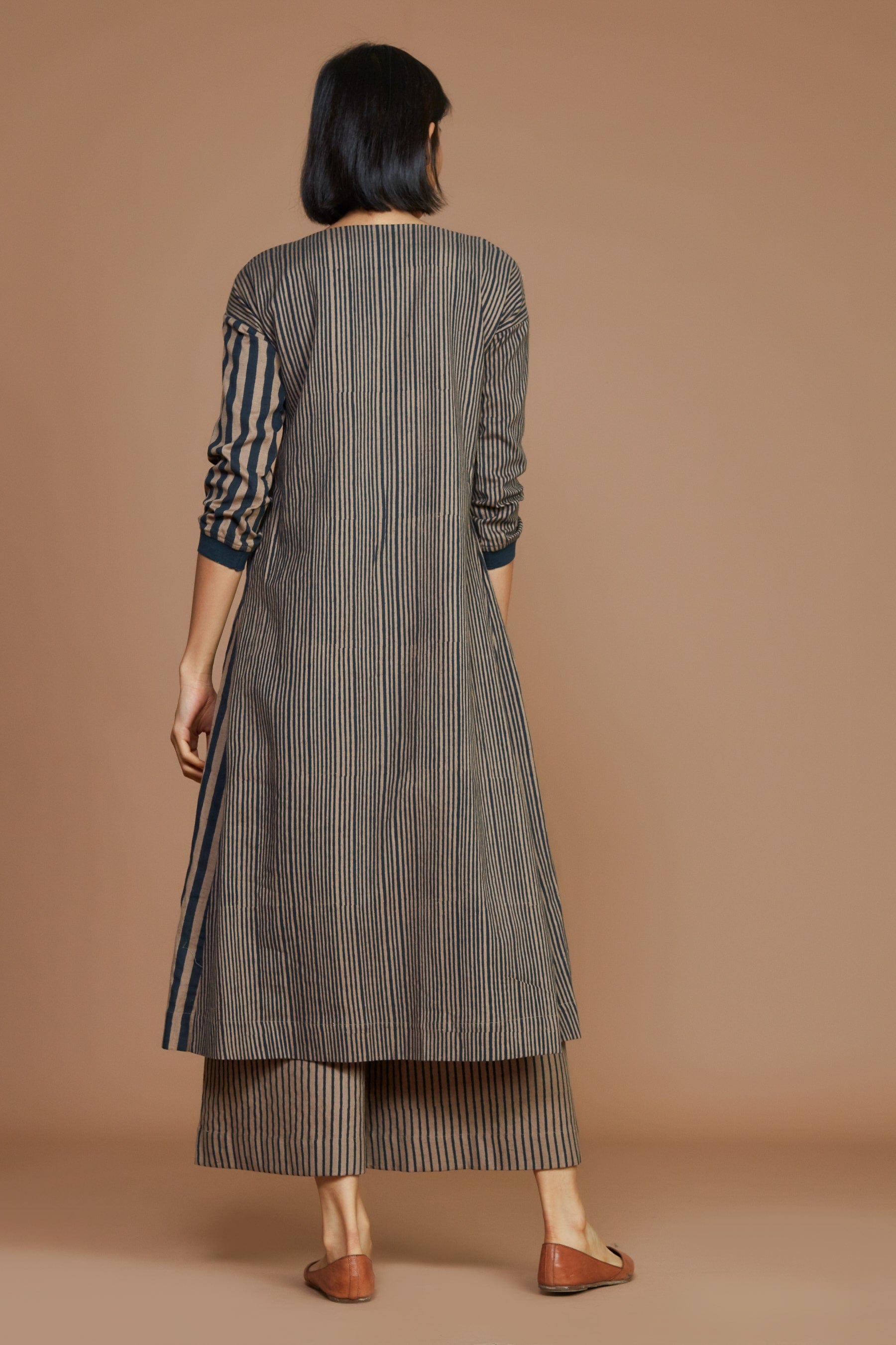Handmade from Handwoven Organic Cotton, Striped Pleated Brown Coord Set for Women by Sustainable Fashion Designer Clothing Label MATI