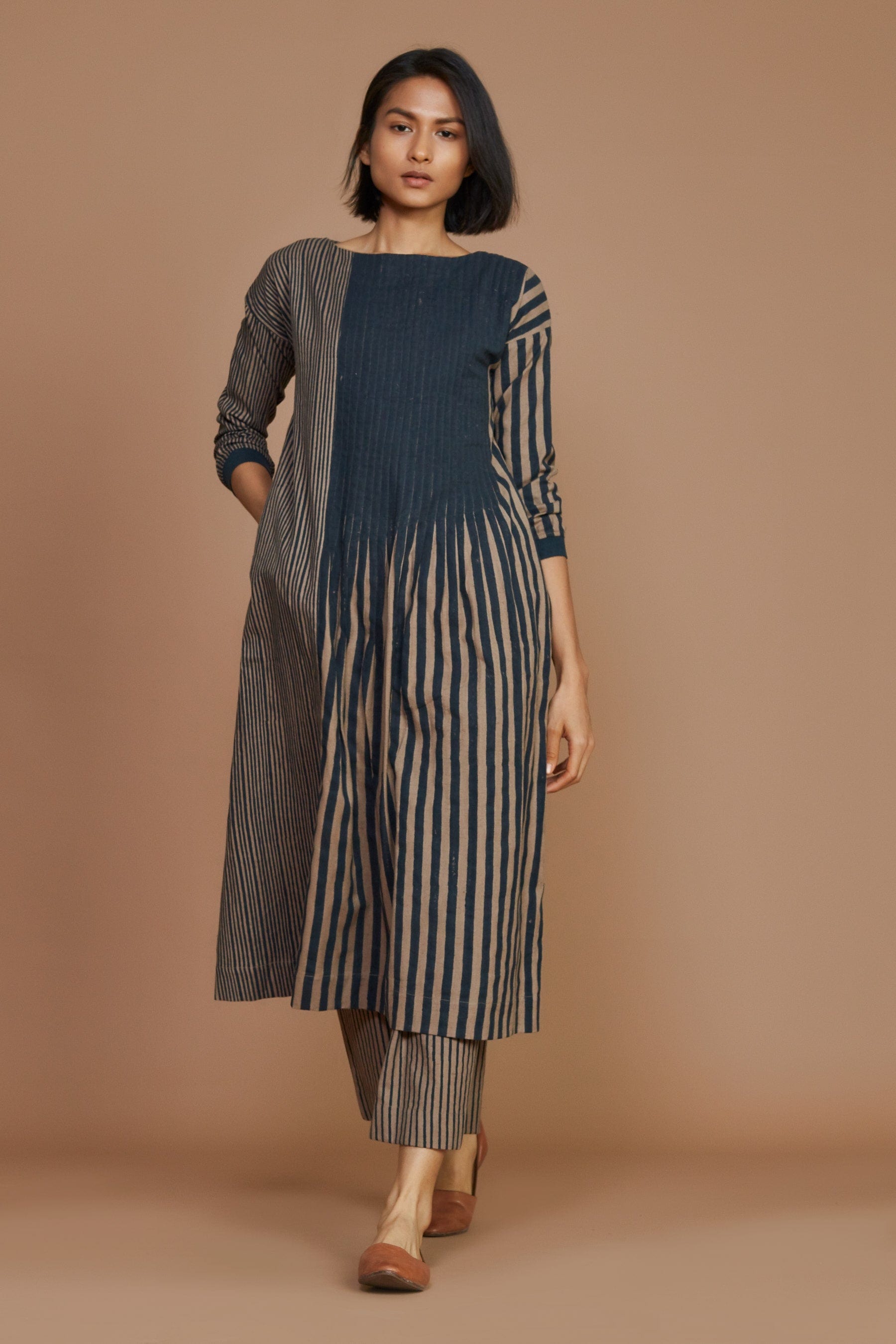 Handmade from Handwoven Organic Cotton, Striped Pleated Brown Coord Set for Women by Sustainable Fashion Designer Clothing Label MATI