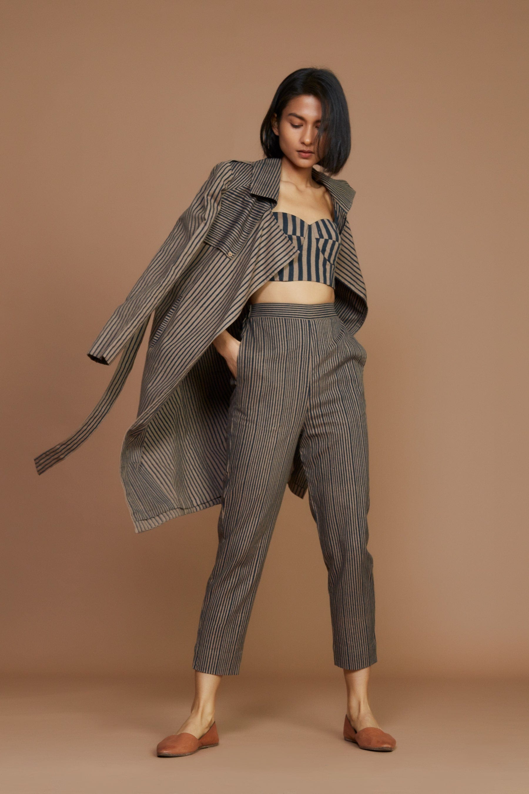 Handcrafted from Handwoven Organic Cotton, Brown Trench Jacket Coord Set for Women by Sustainable Fashion Designer Clothing Label MATI