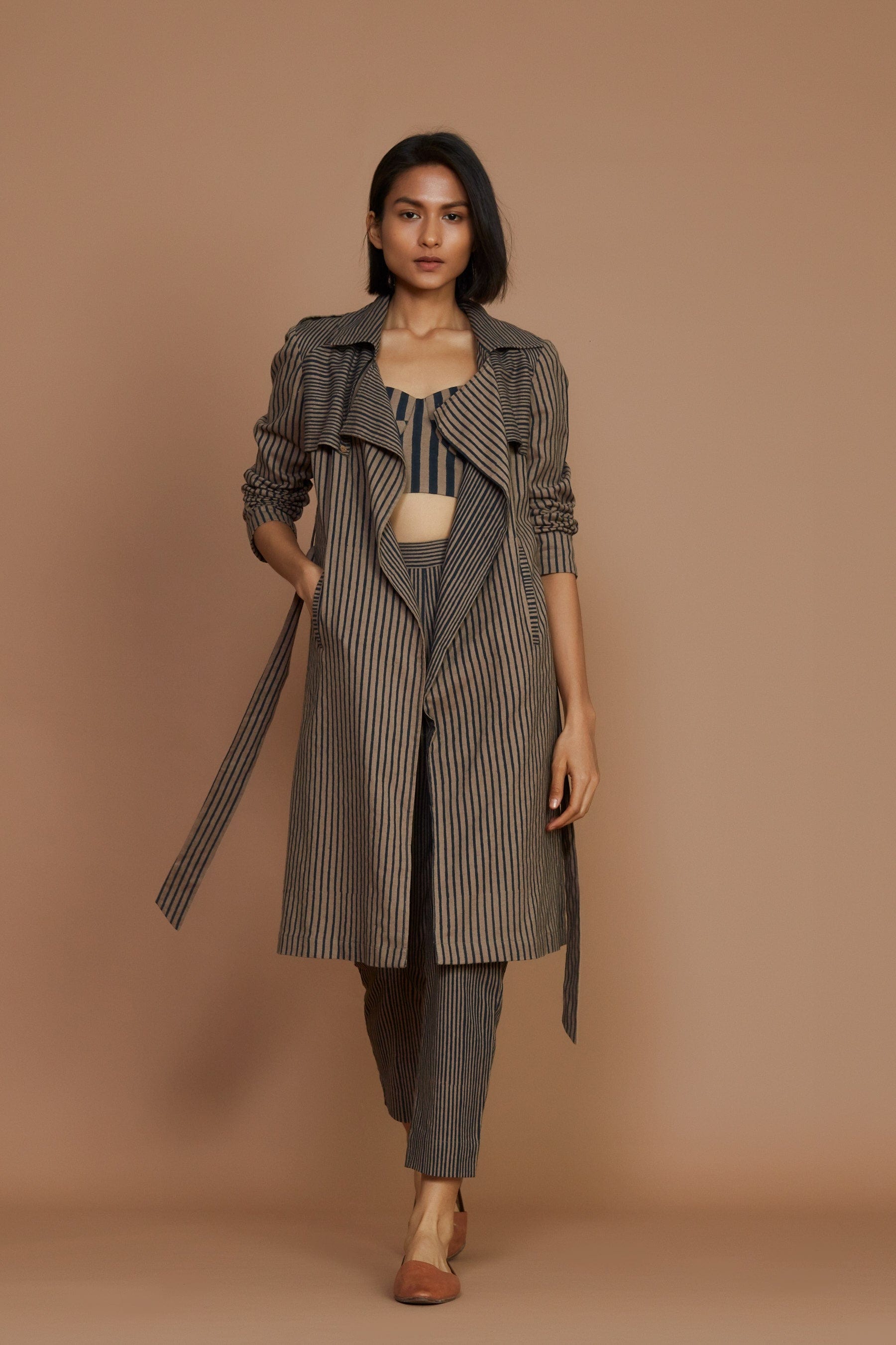 Handcrafted from Handwoven Organic Cotton, Brown Trench Jacket Coord Set for Women by Sustainable Fashion Designer Clothing Label MATI