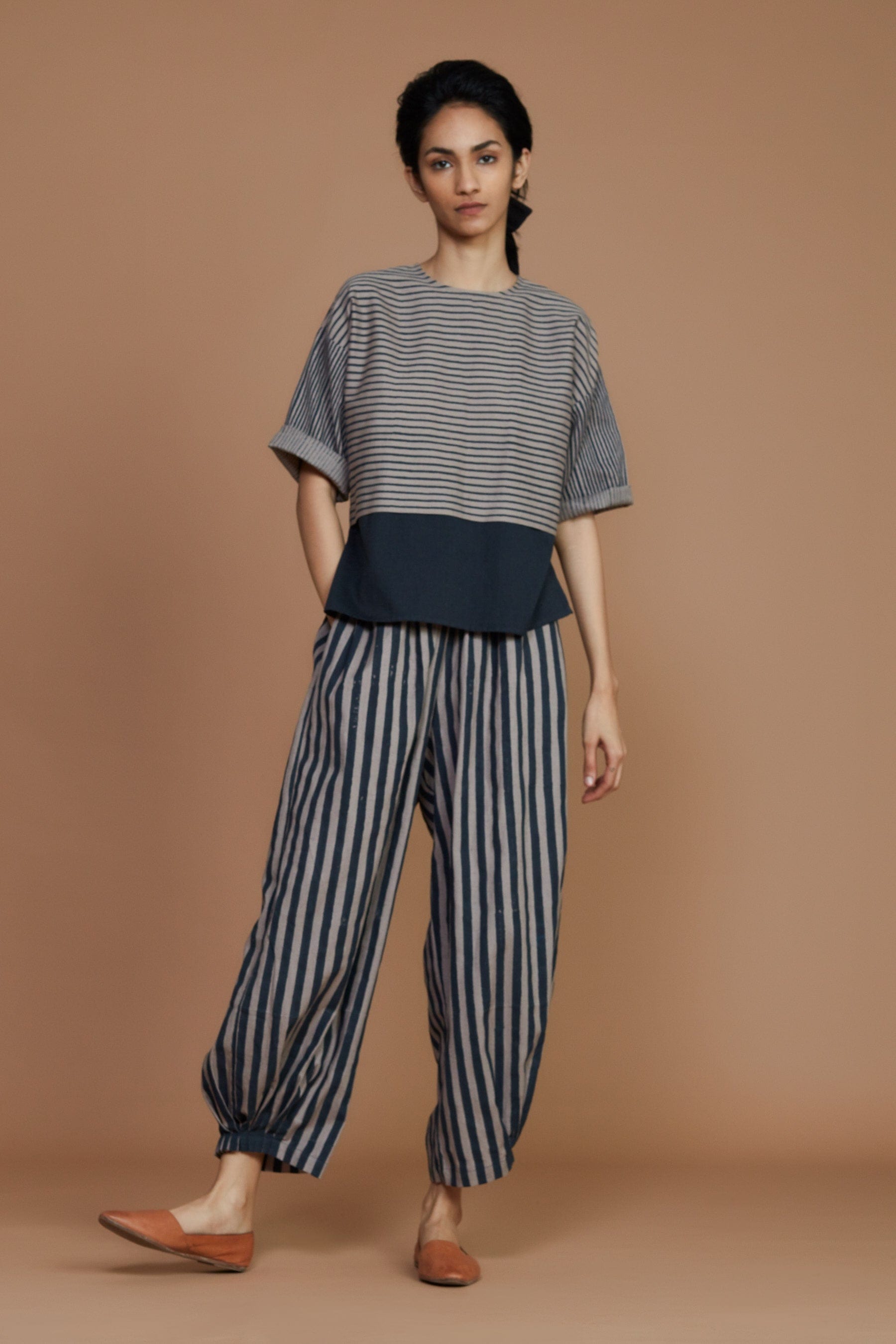 Handmade from Handwoven Organic Cotton, Striped Gray Coord Set for Women by Sustainable Fashion Designer Clothing Label MATI