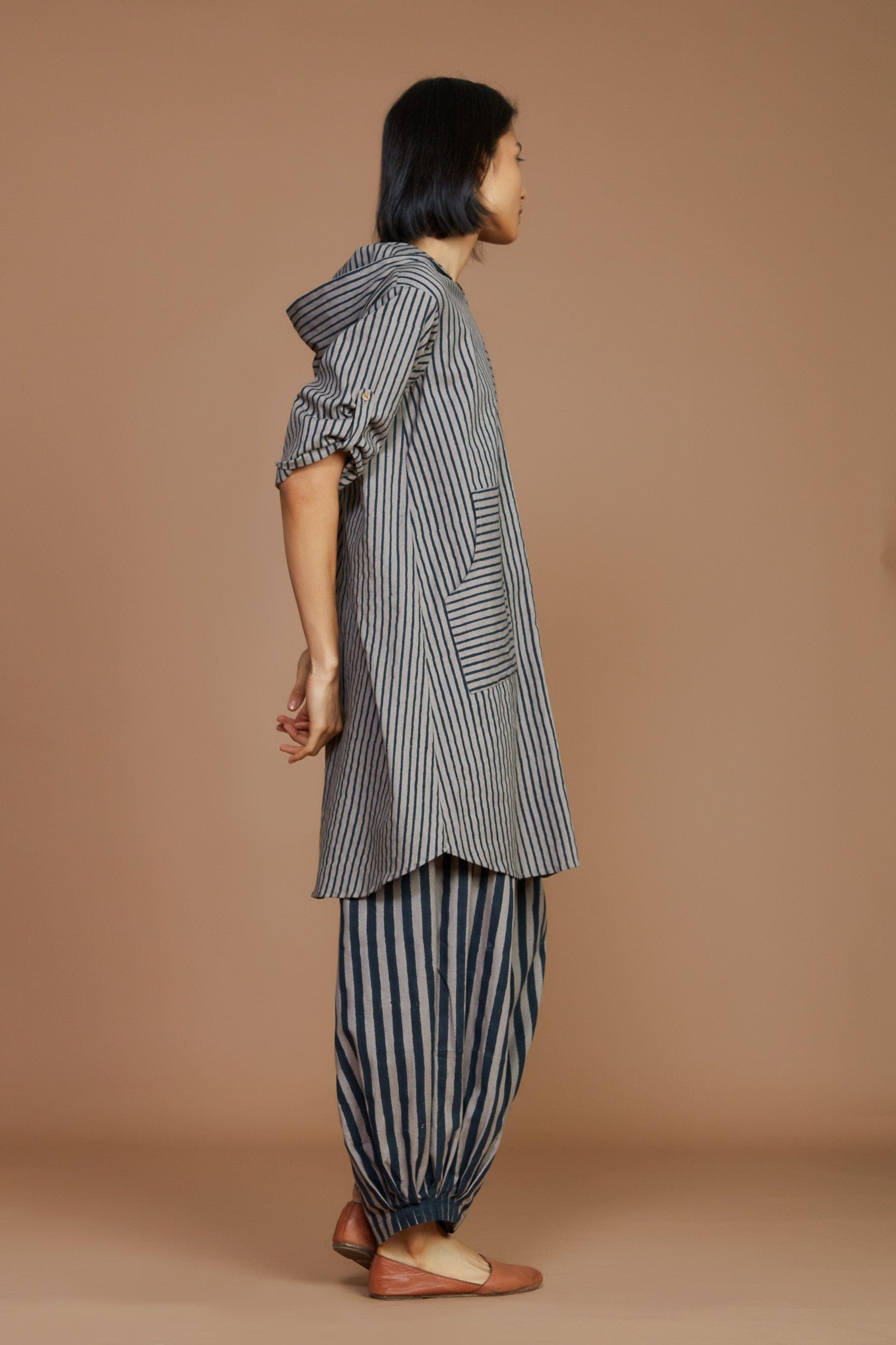 Handcrafted from Handwoven Organic Cotton, Striped Gray Hooded Coord Set for Women by Sustainable Fashion Designer Clothing Label MATI