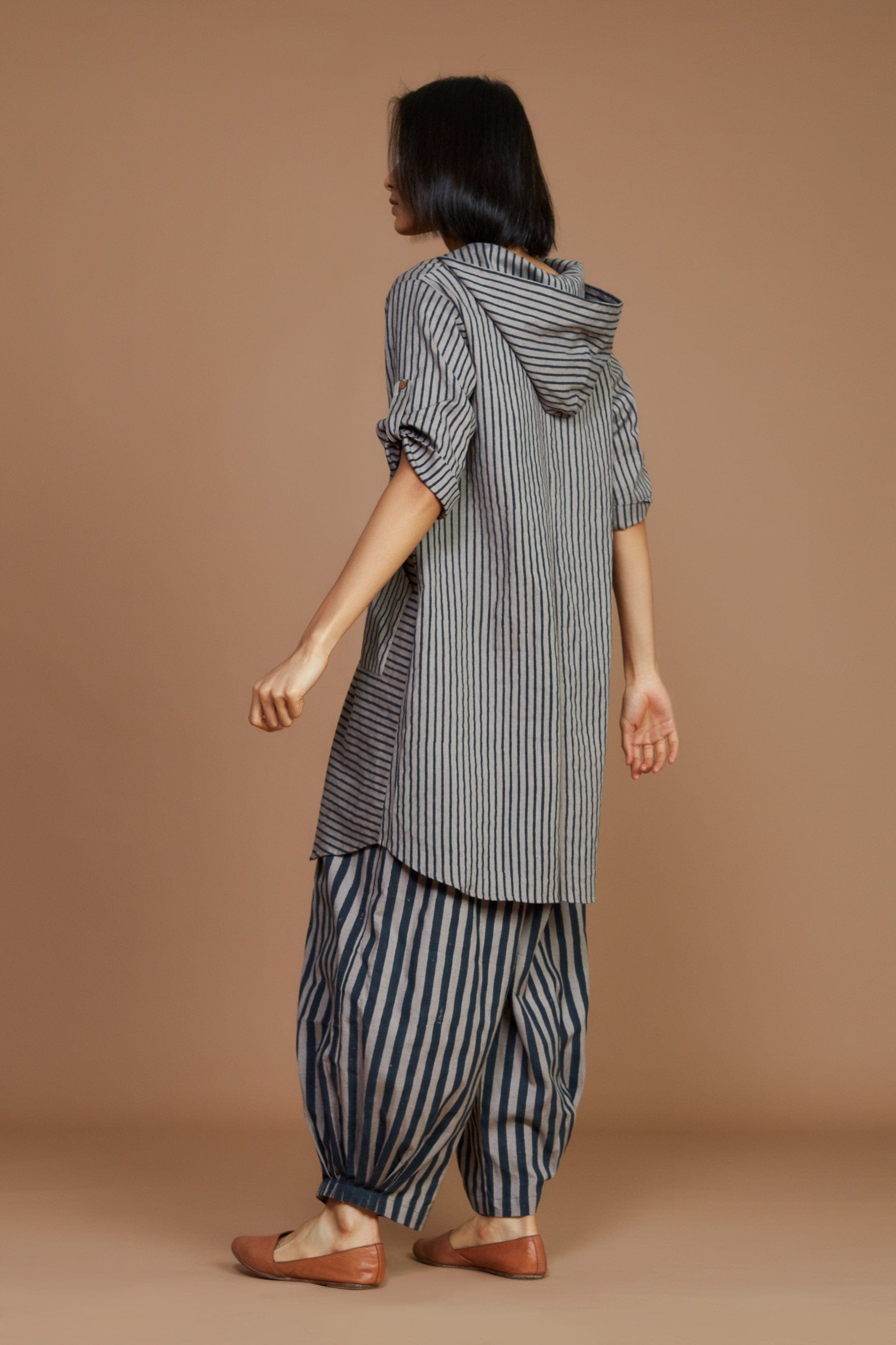 Handcrafted from Handwoven Organic Cotton, Striped Gray Hooded Coord Set for Women by Sustainable Fashion Designer Clothing Label MATI