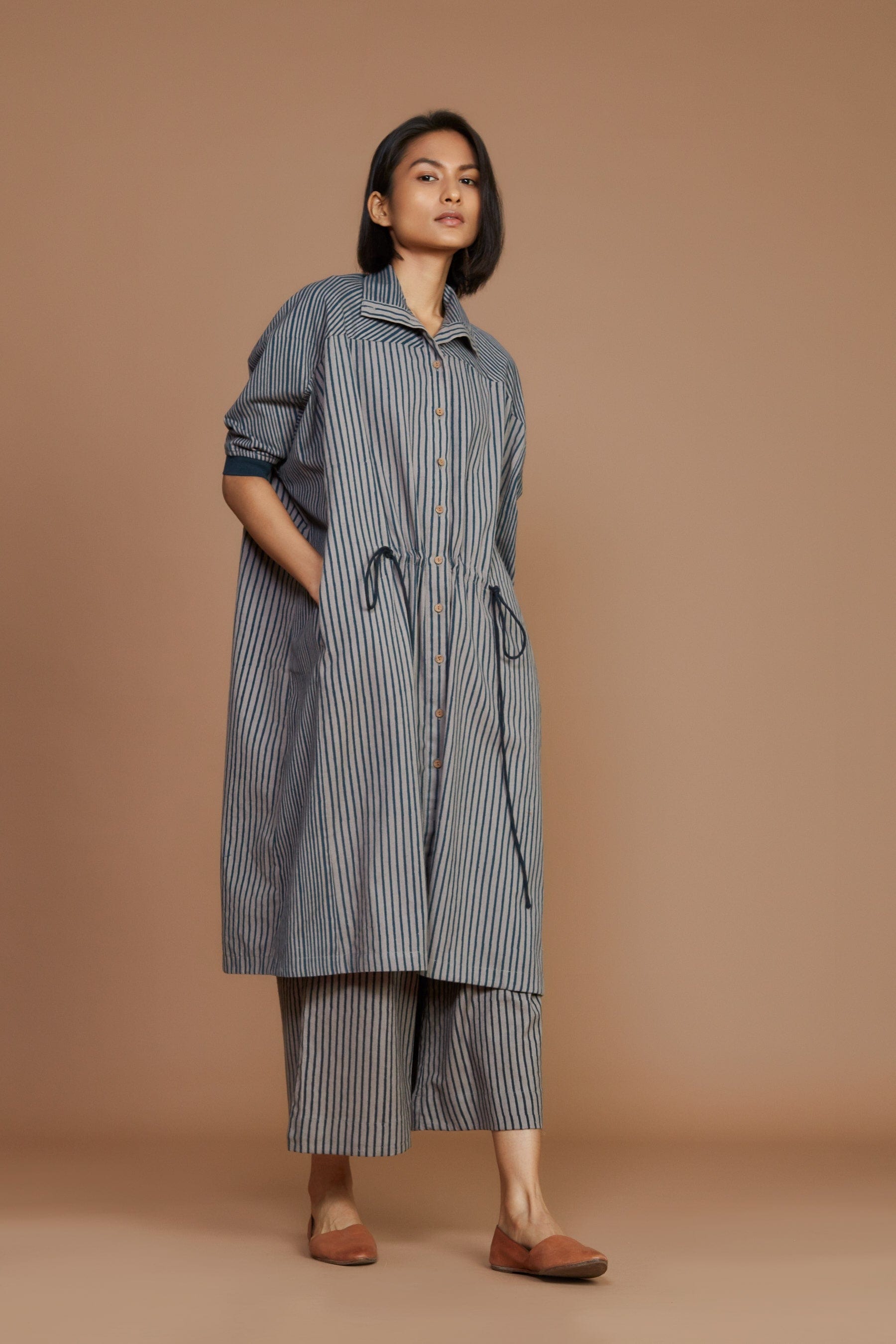 Handmade from Handwoven Organic Cotton, Striped Gray Kaftan Coord Set for Women by Sustainable Fashion Designer Clothing Label MATI