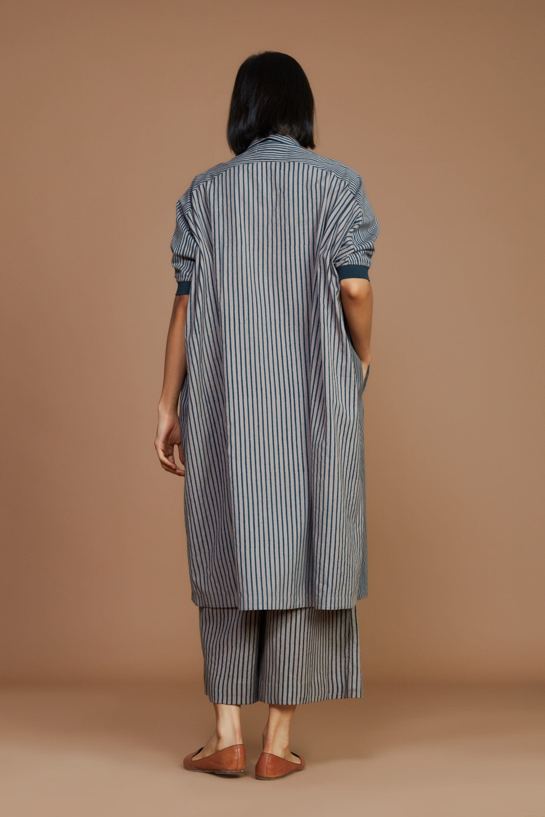 Handmade from Handwoven Organic Cotton, Striped Gray Kaftan Coord Set for Women by Sustainable Fashion Designer Clothing Label MATI
