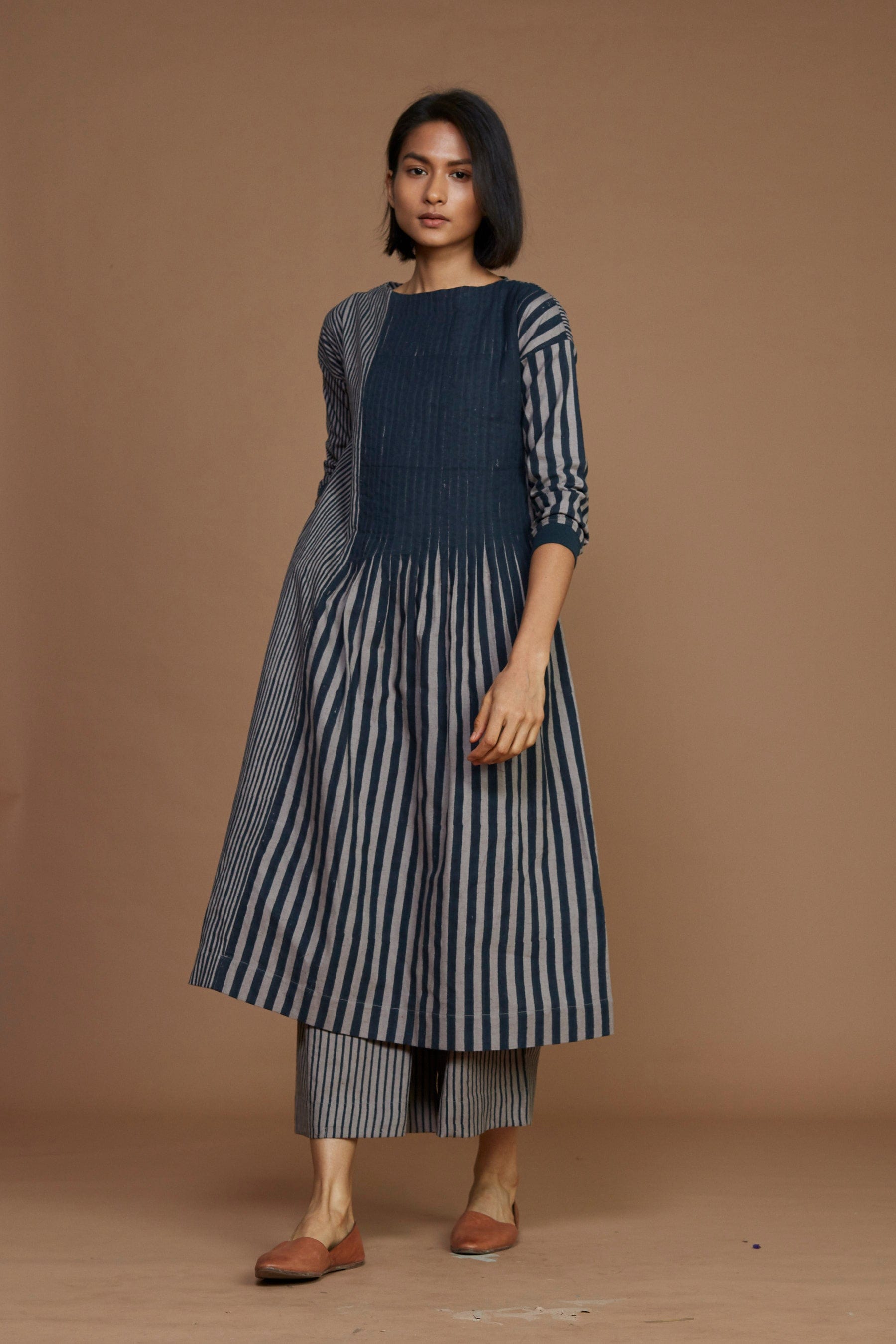 Handmade from Handwoven Organic Cotton, Striped Pleated Gray Coord Set for Women by Sustainable Fashion Designer Clothing Label MATI