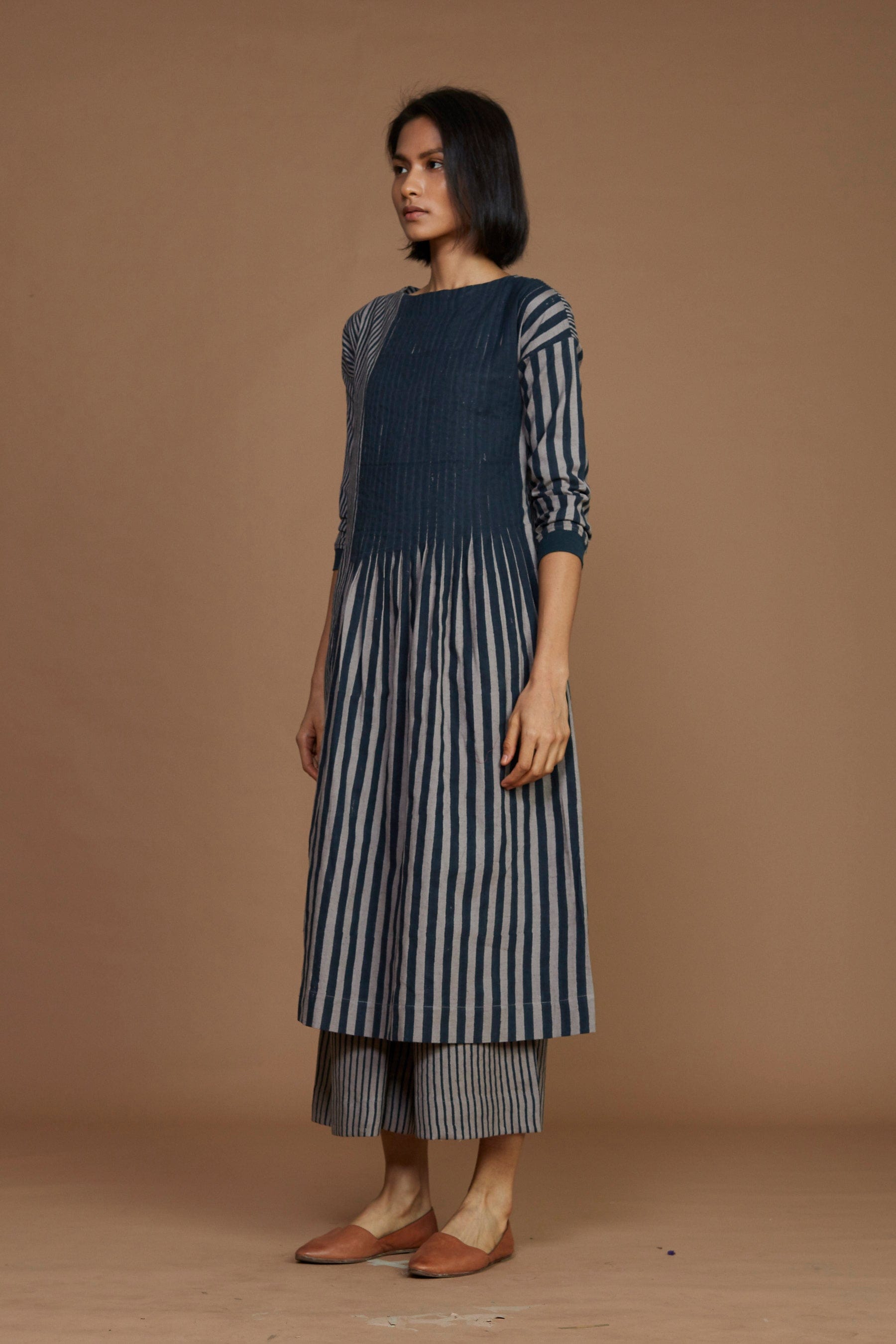 Handmade from Handwoven Organic Cotton, Striped Pleated Gray Coord Set for Women by Sustainable Fashion Designer Clothing Label MATI
