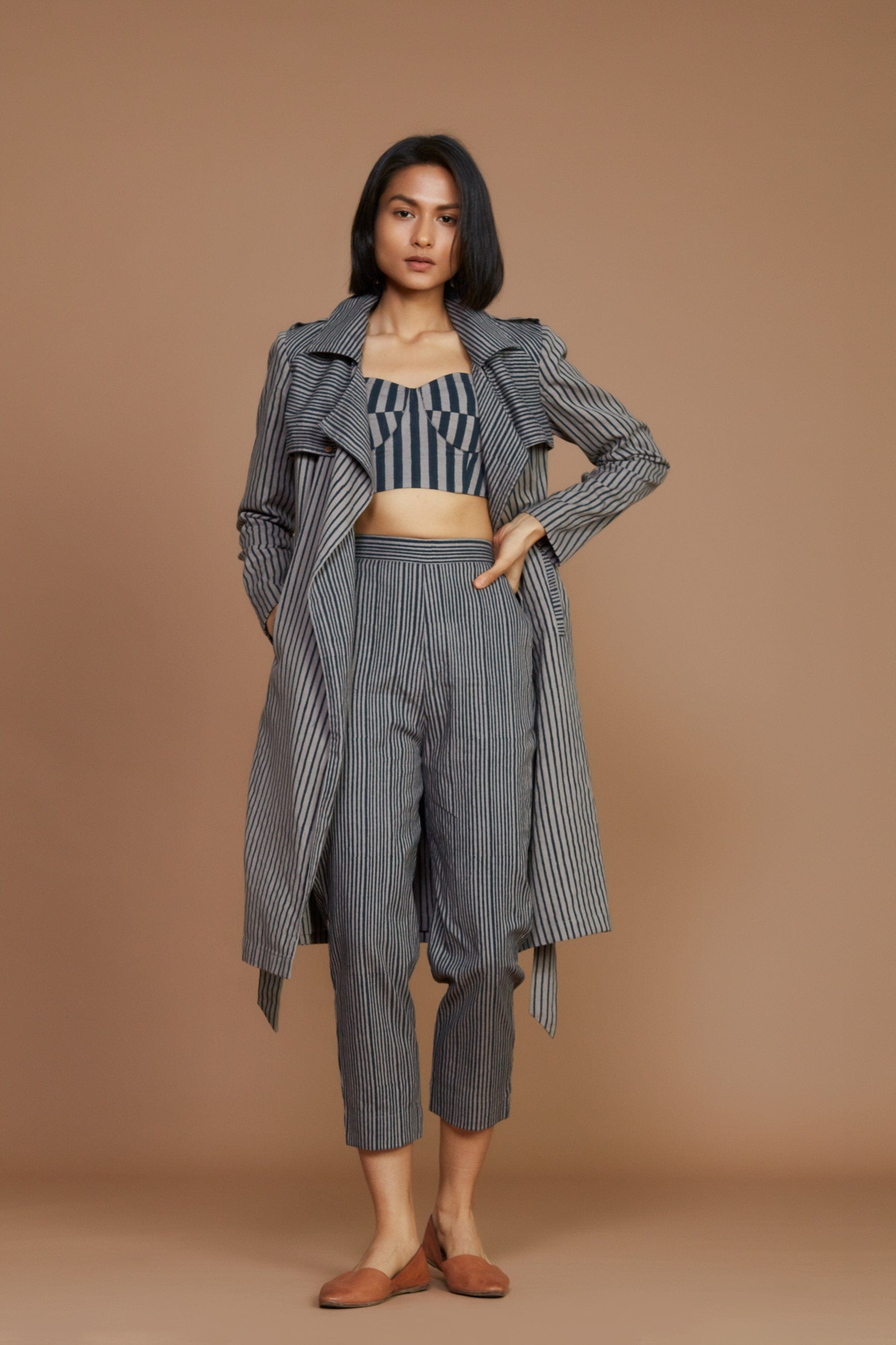 Handcrafted from Handwoven Organic Cotton, Gray Trench Jacket Coord Set for Women by Sustainable Fashion Designer Clothing Label MATI