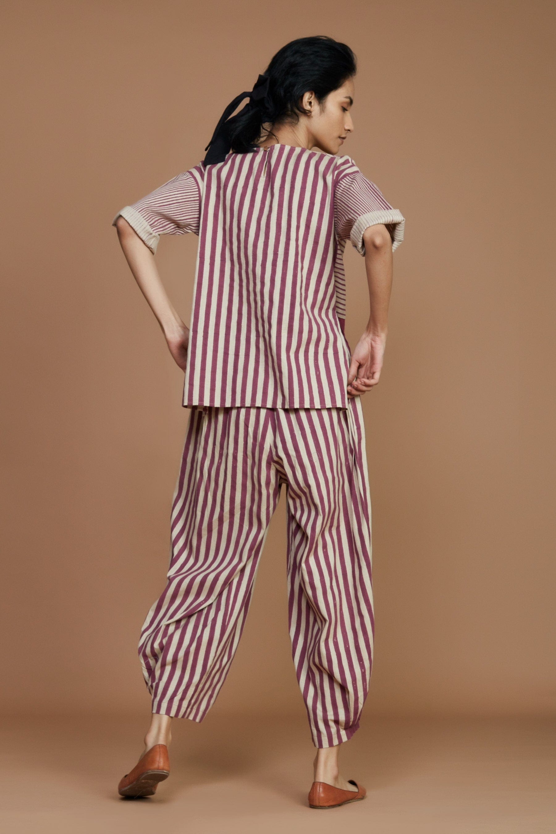 Handmade from Handwoven Organic Cotton, Striped Mauve Coord Set for Women by Sustainable Fashion Designer Clothing Label MATI