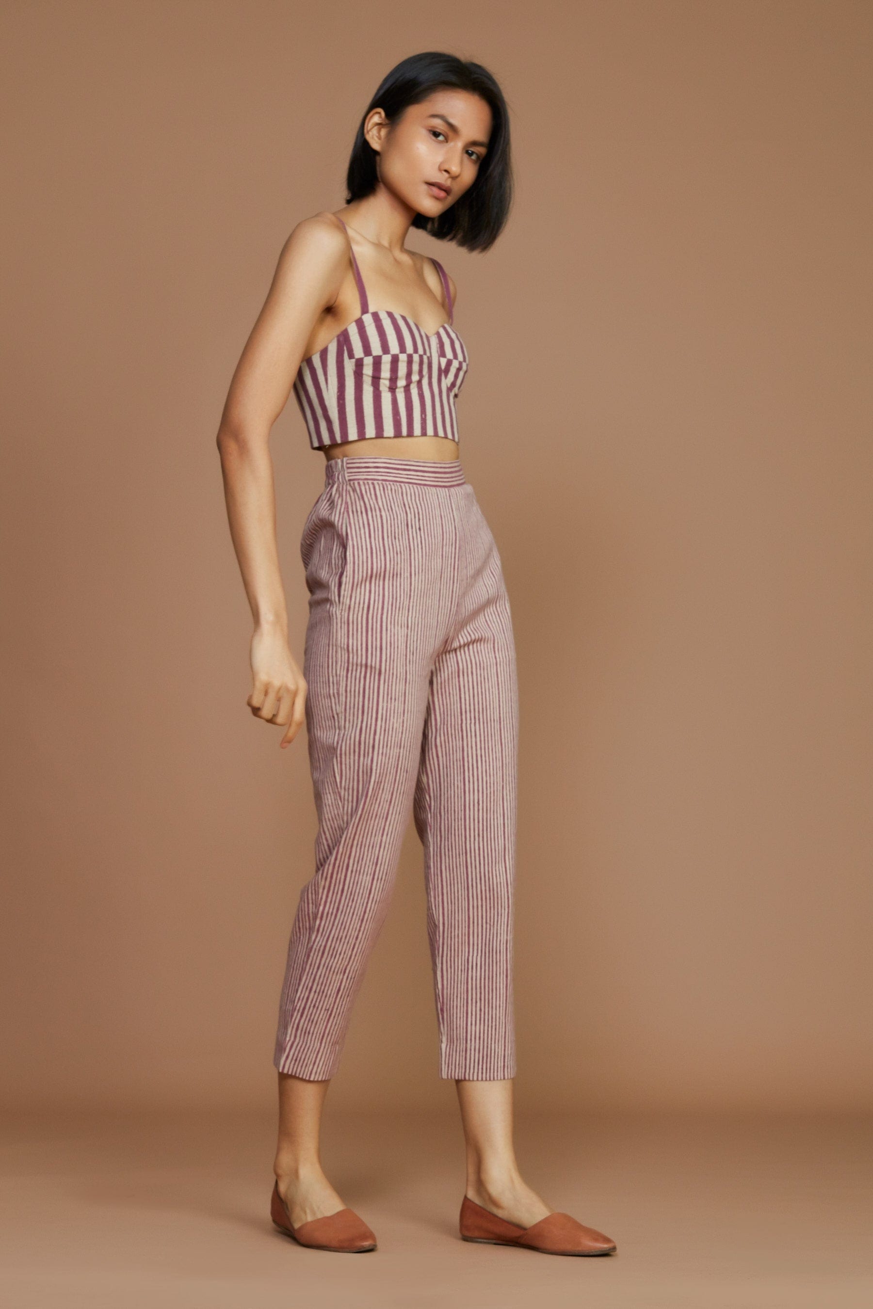 Handcrafted from Handwoven Organic Cotton, Striped Mauve Coord Set for Women by Sustainable Fashion Designer Clothing Label MATI