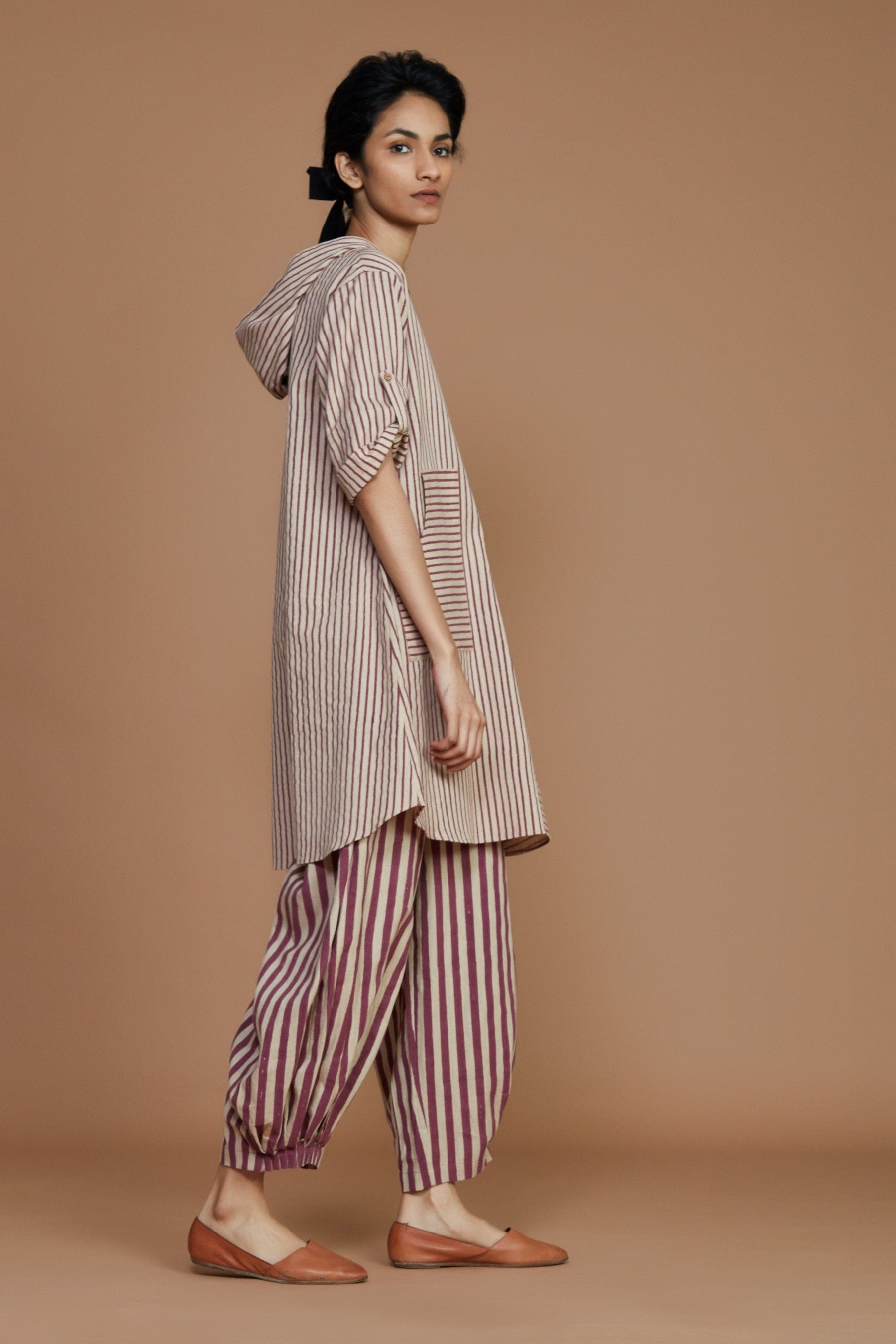 Handcrafted from Handwoven Organic Cotton, Striped Mauve Hooded Coord Set for Women by Sustainable Fashion Designer Clothing Label MATI