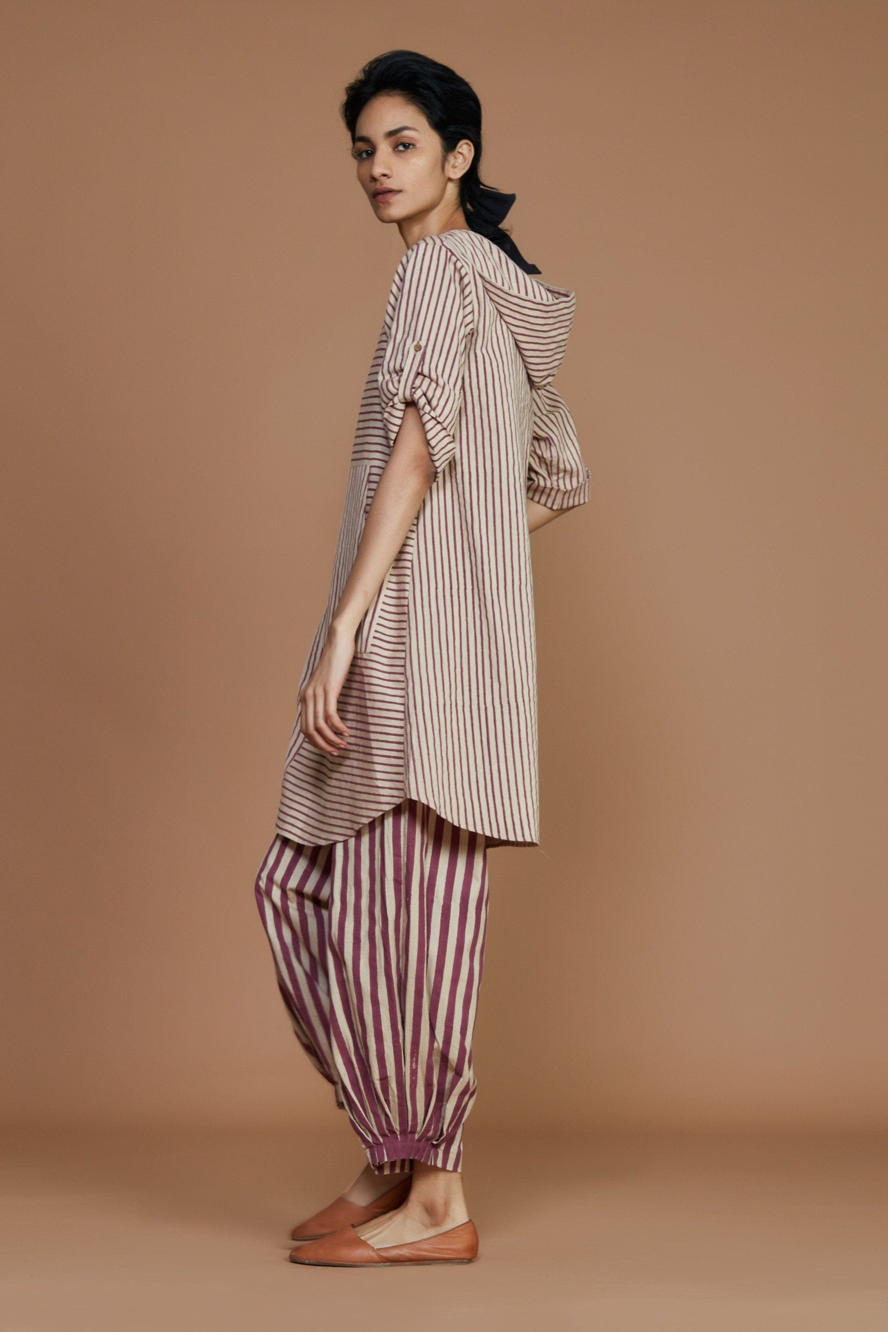 Handcrafted from Handwoven Organic Cotton, Striped Mauve Hooded Coord Set for Women by Sustainable Fashion Designer Clothing Label MATI