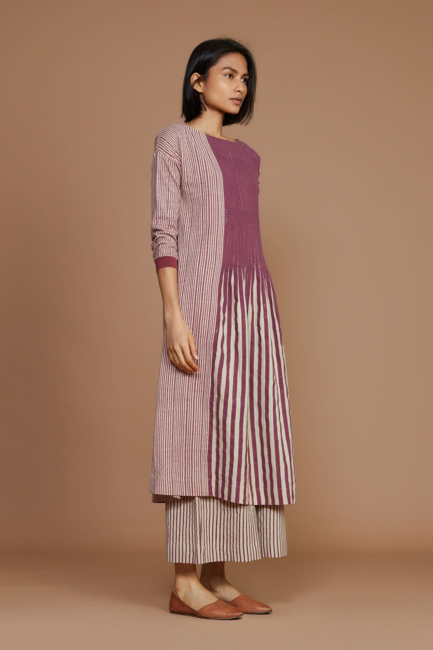 Handmade from Handwoven Organic Cotton, Striped Pleated Mauve Coord Set for Women by Sustainable Fashion Designer Clothing Label MATI