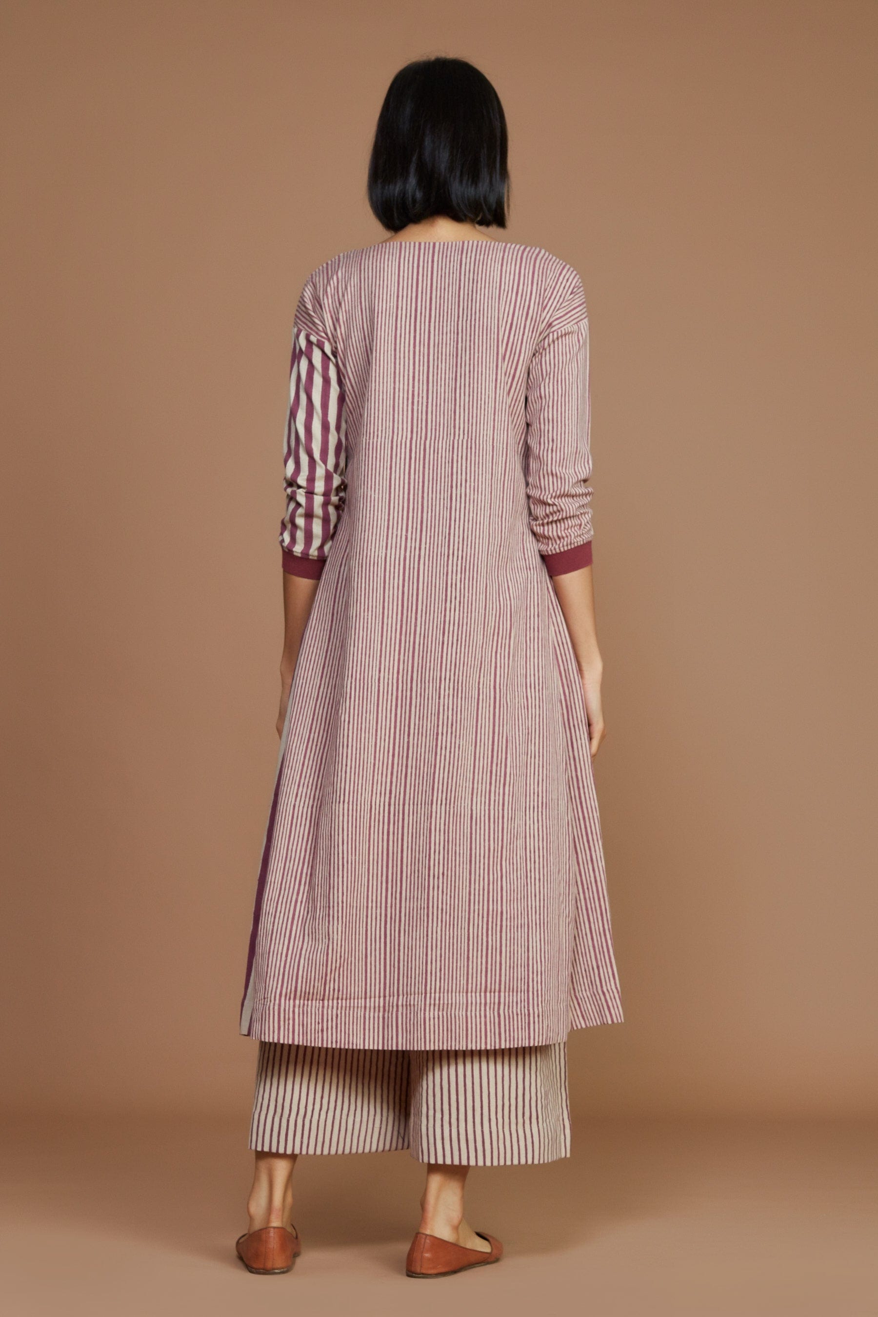 Handmade from Handwoven Organic Cotton, Striped Pleated Mauve Coord Set for Women by Sustainable Fashion Designer Clothing Label MATI
