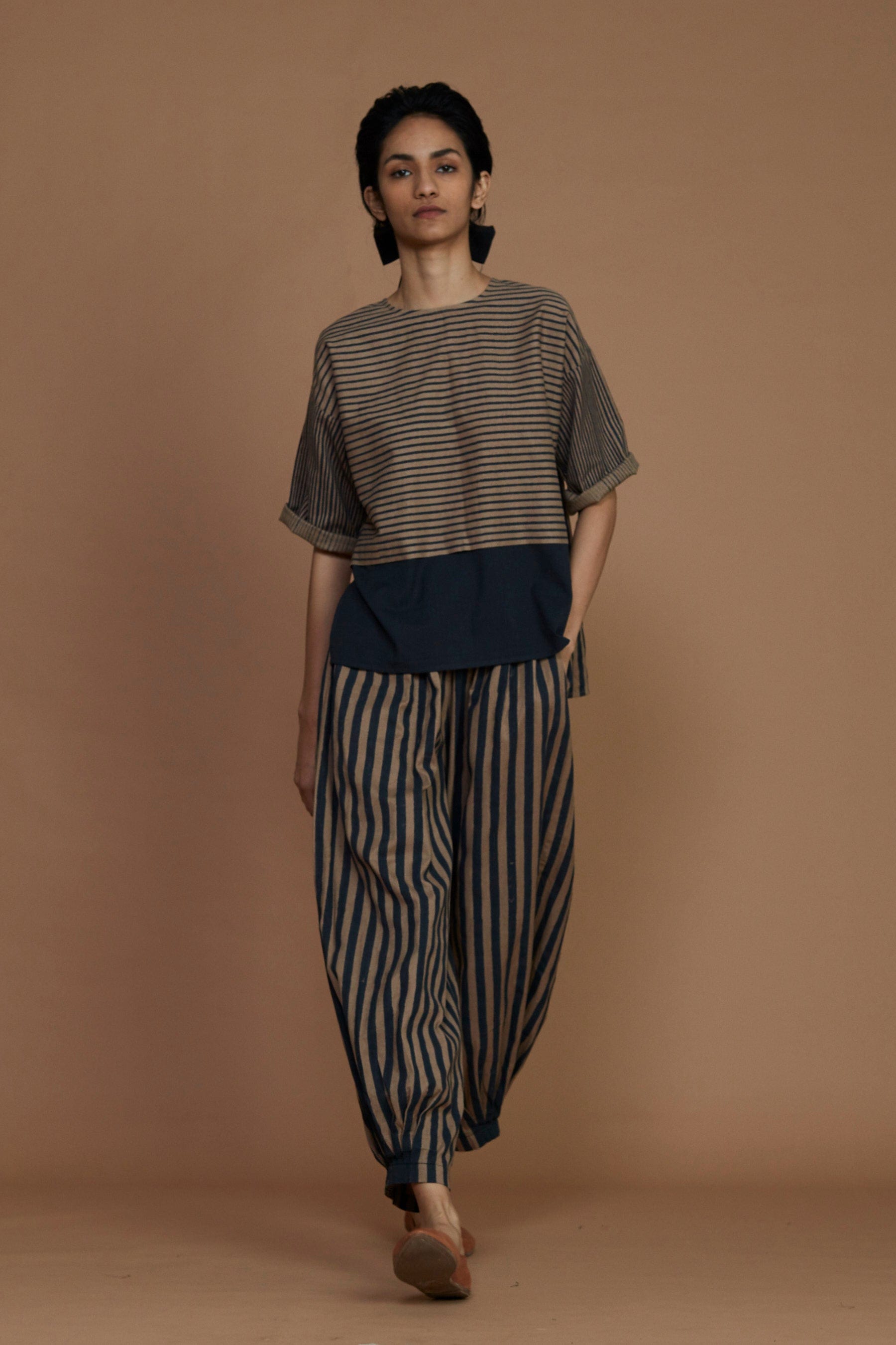 Handmade from Handwoven Organic Cotton, Striped Brown Coord Set for Women by Sustainable Fashion Designer Clothing Label MATI