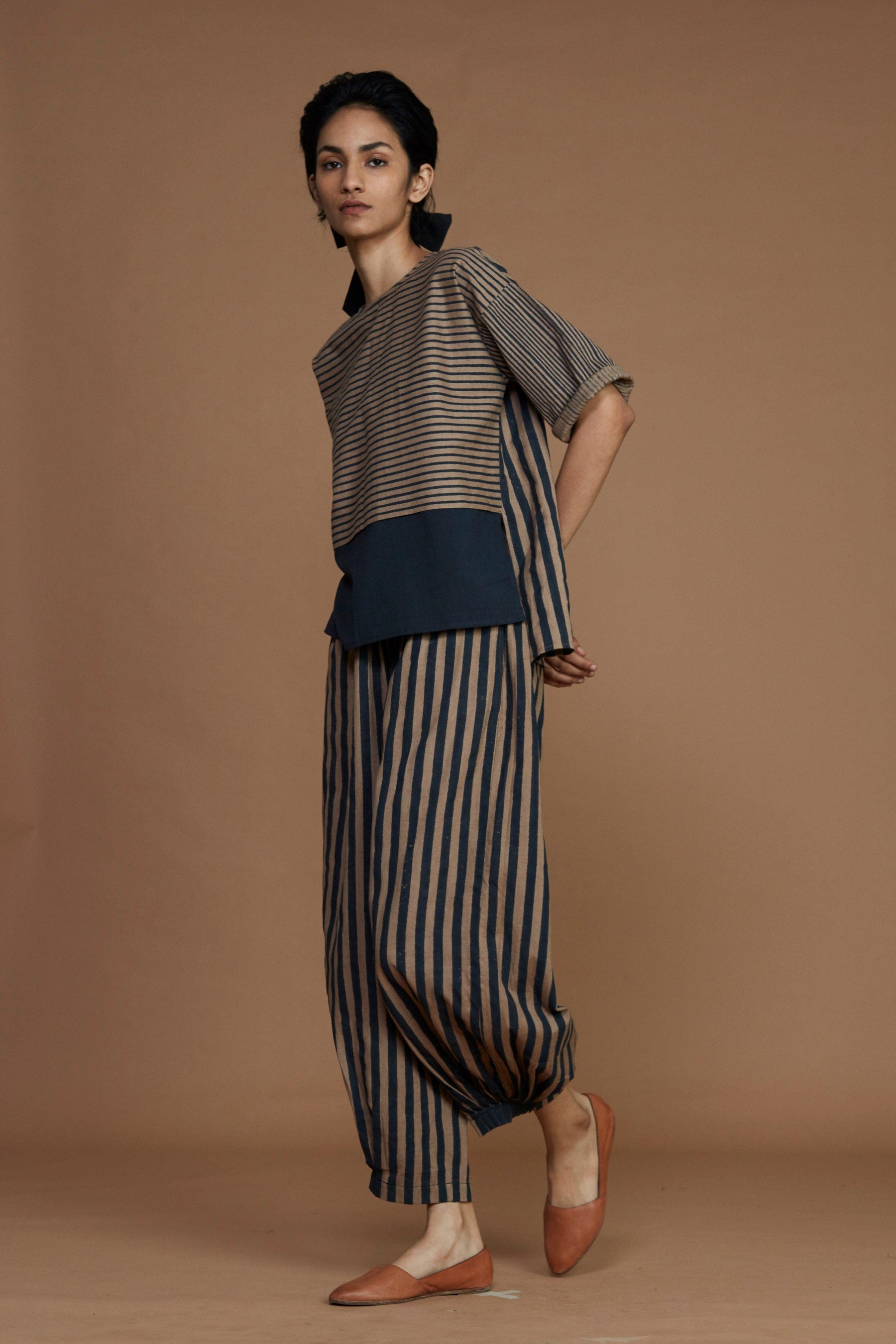 Handmade from Handwoven Organic Cotton, Striped Brown Coord Set for Women by Sustainable Fashion Designer Clothing Label MATI