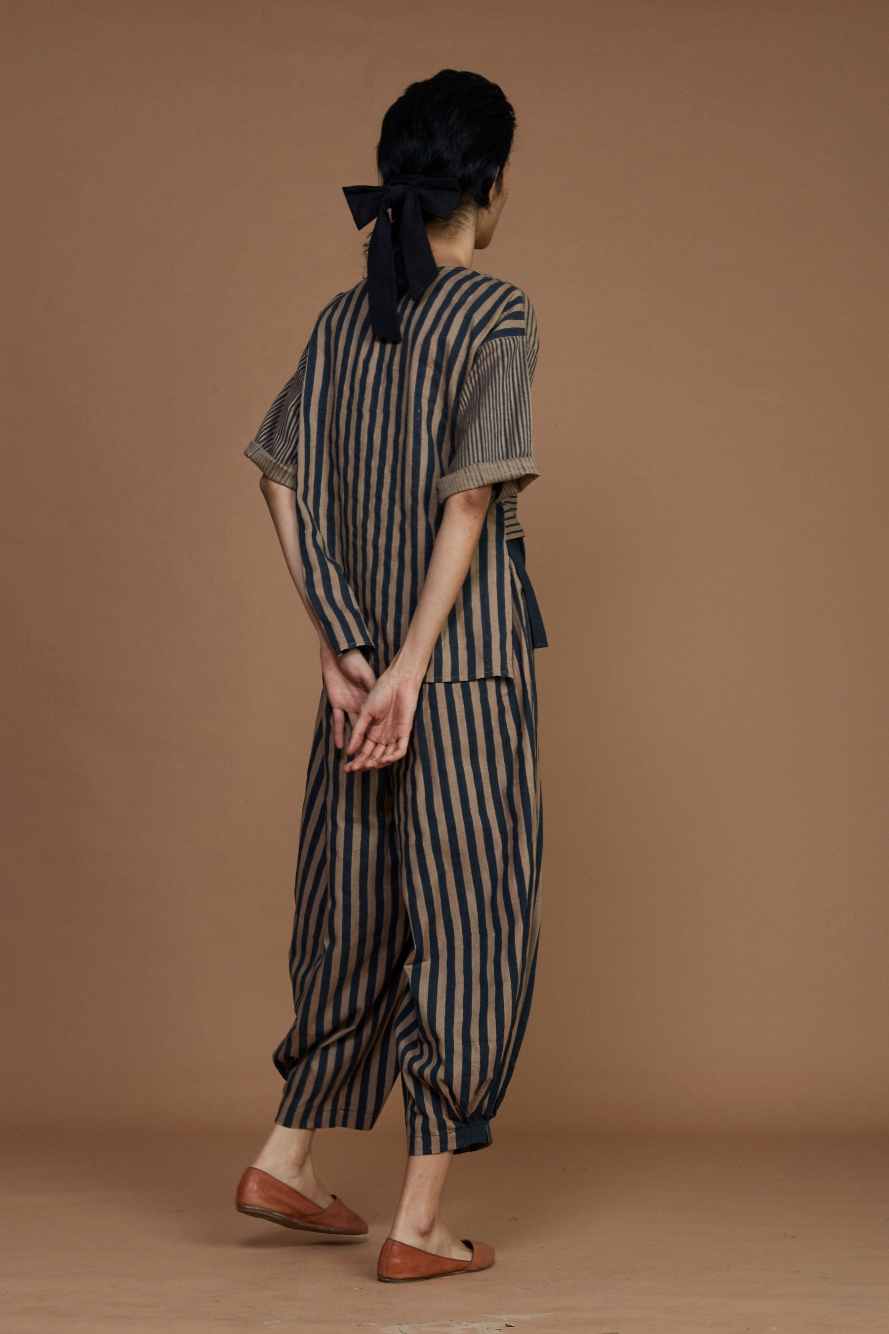 Handmade from Handwoven Organic Cotton, Striped Brown Coord Set for Women by Sustainable Fashion Designer Clothing Label MATI