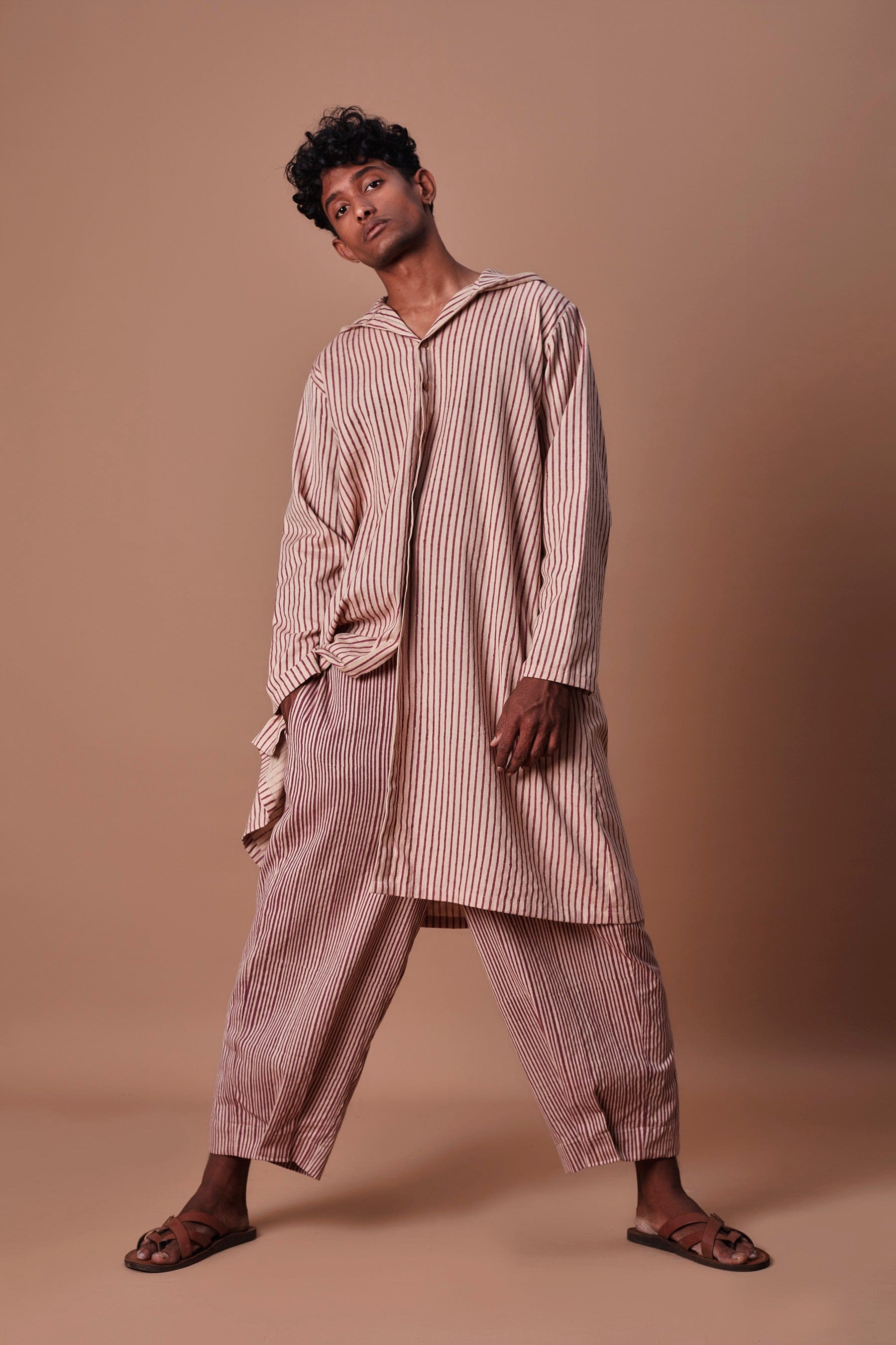 Mati Outfit Sets Mati Men's Mauve Hooded Striped Kurta