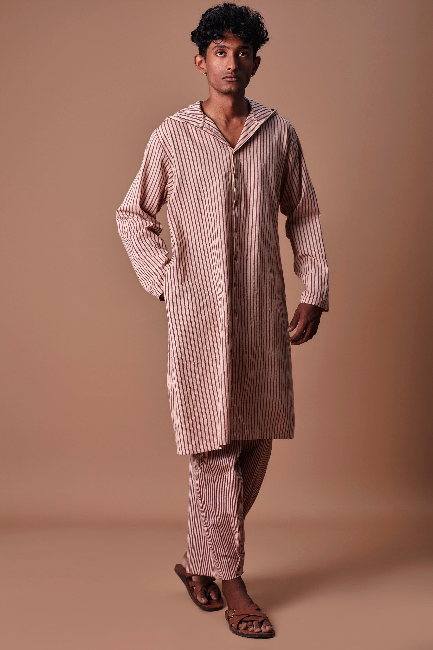Mati Outfit Sets Mati Men's Mauve Hooded Striped Kurta