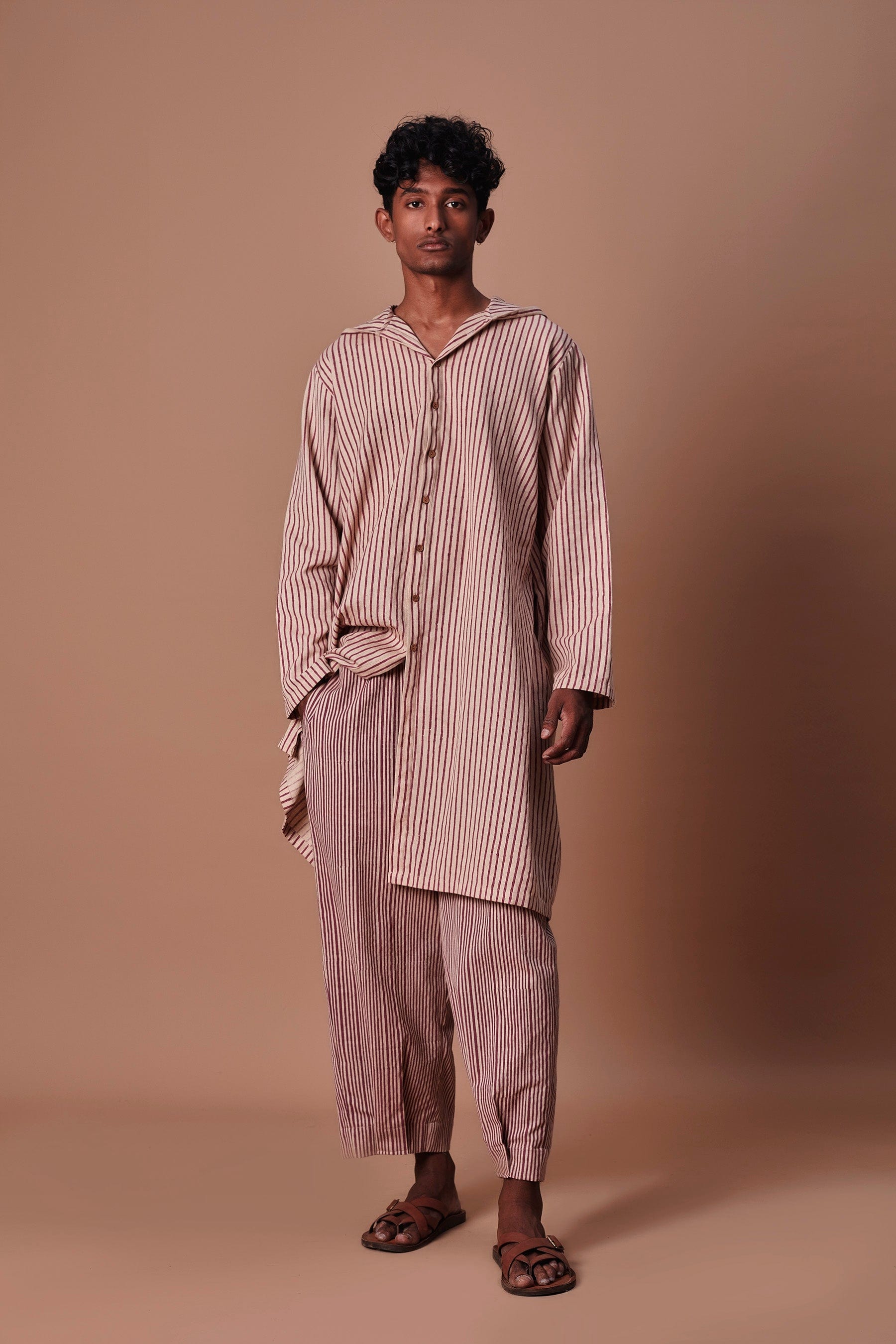 Mati Outfit Sets Mati Men's Mauve Hooded Striped Kurta