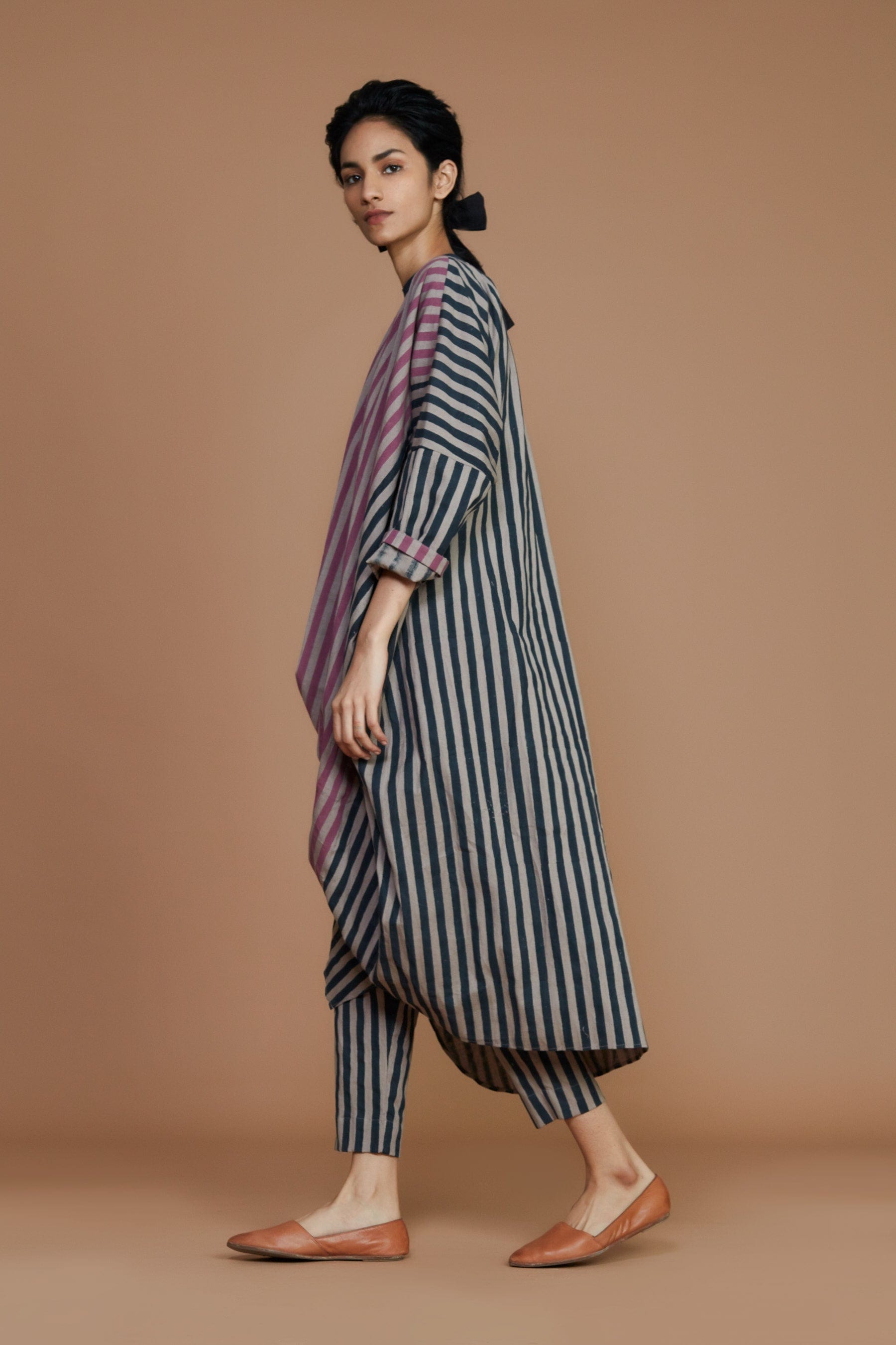 Handcrafted from Handwoven Organic Cotton, Striped Gray Cowl Coord Set for Women by Sustainable Fashion Designer Clothing Label MATI
