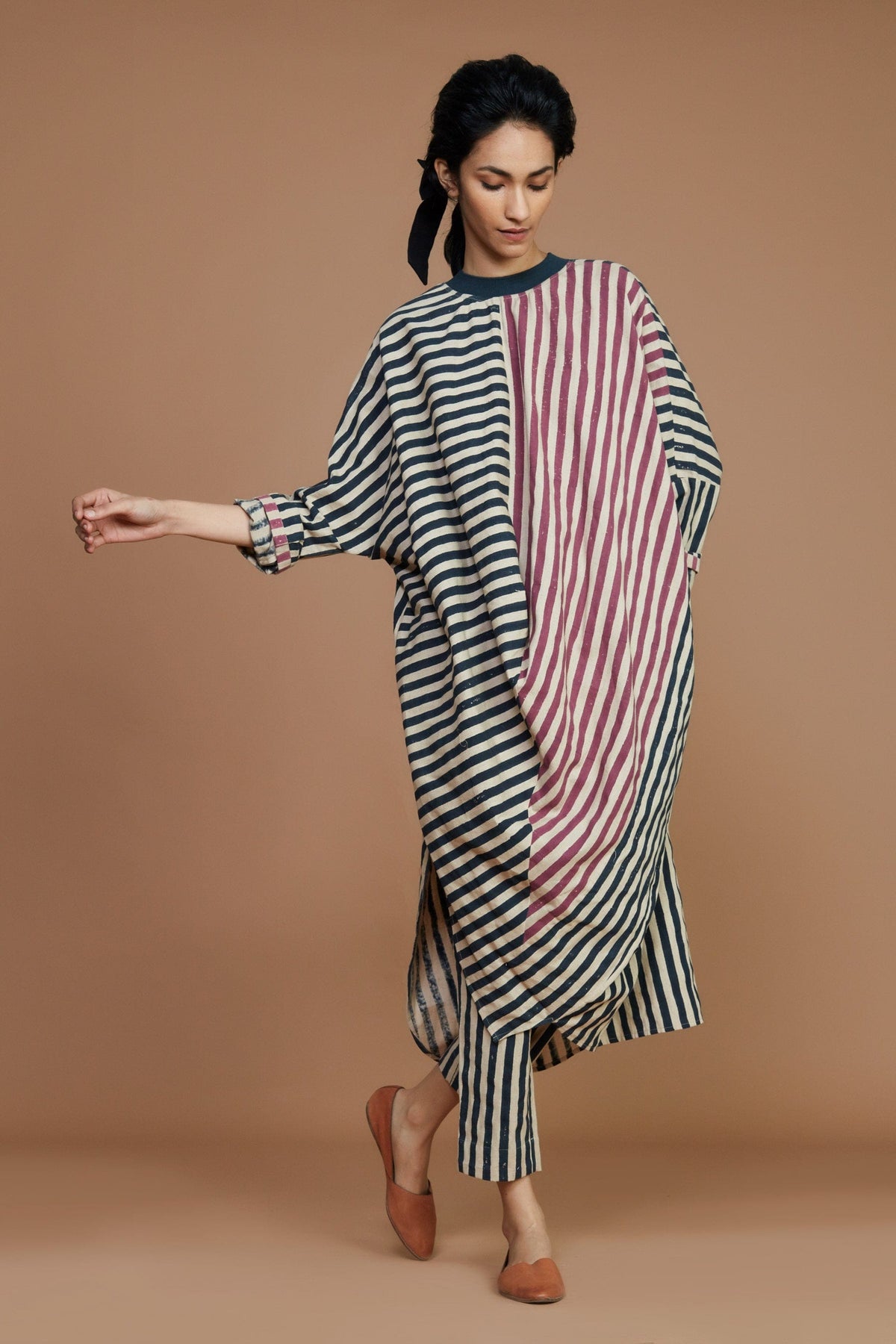 Ribbed Cowl Tunic Striped Ivory Co-Ord Set (2 PCS) XS
