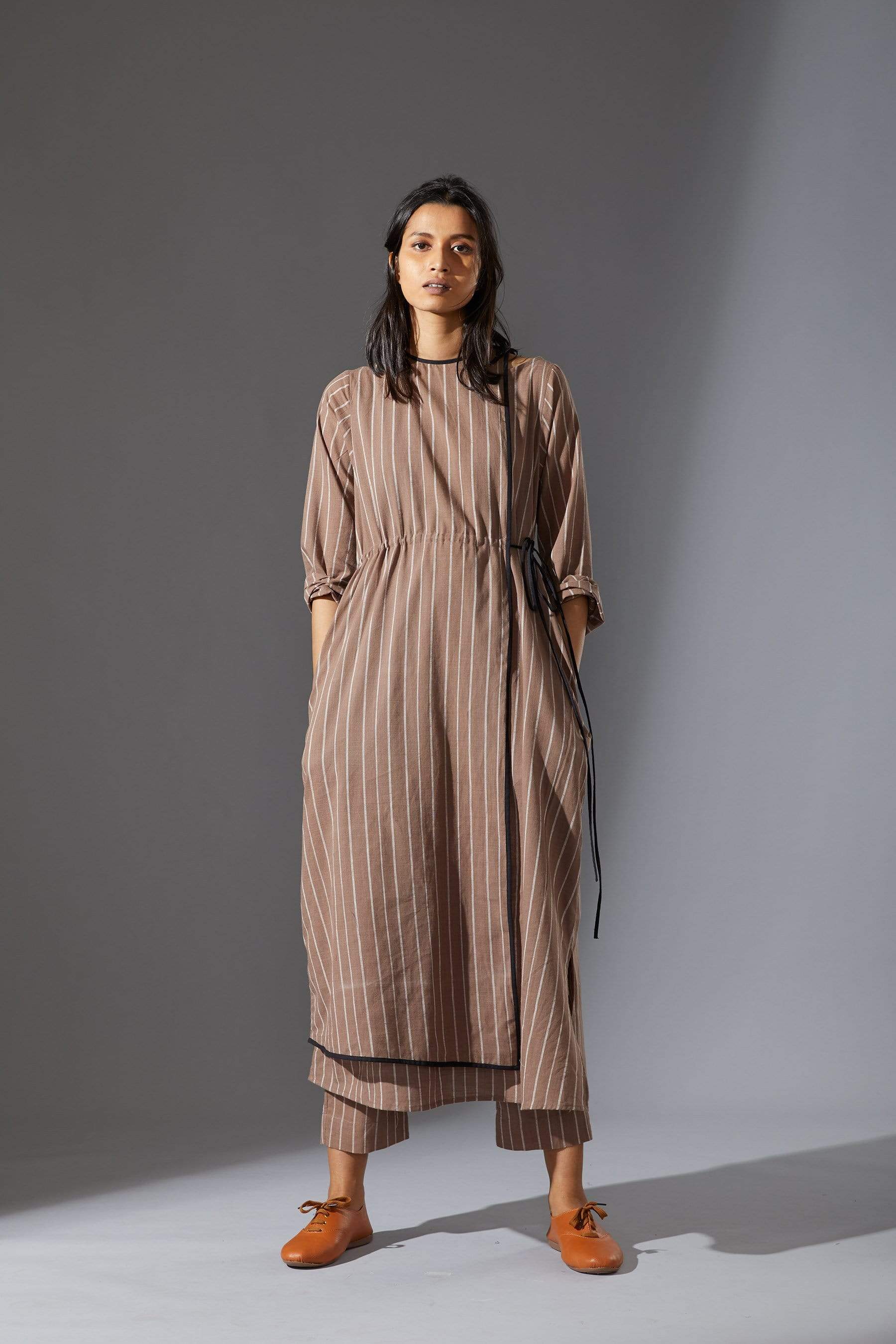 Full length view of MATI beige striped tunic set — size inclusive XS–7XL