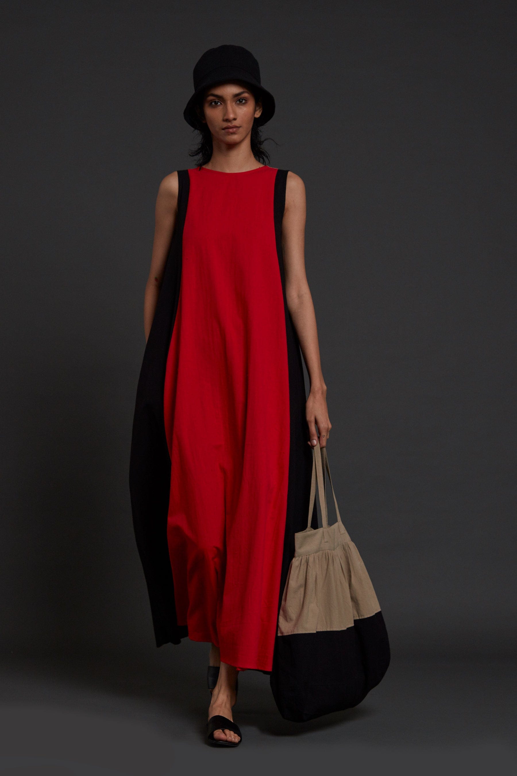 Handwoven cotton red colour block ankle-length dress with incut sleeves and side pockets, by MATI India