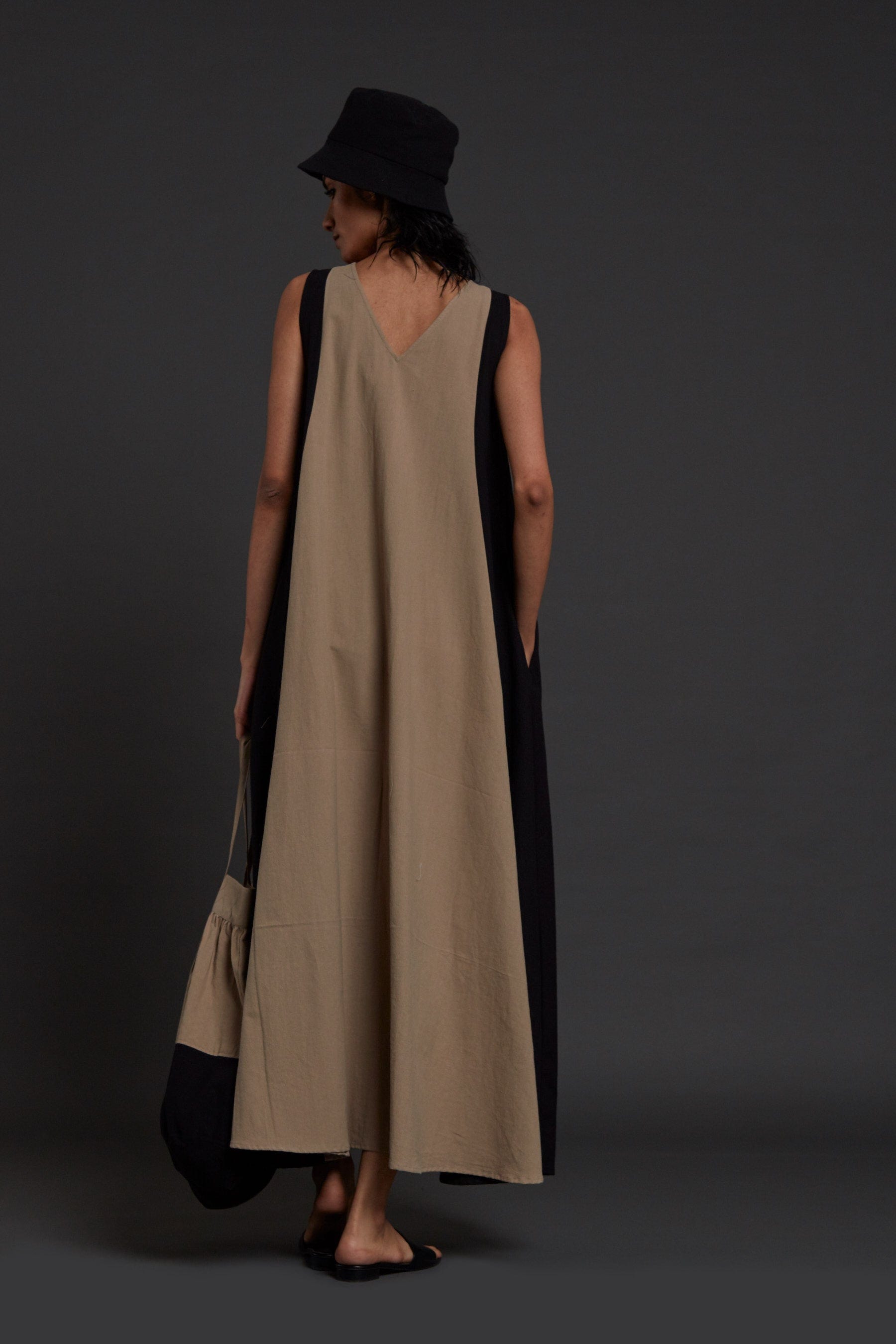 Handwoven cotton red colour block ankle-length dress with incut sleeves and side pockets, by MATI India