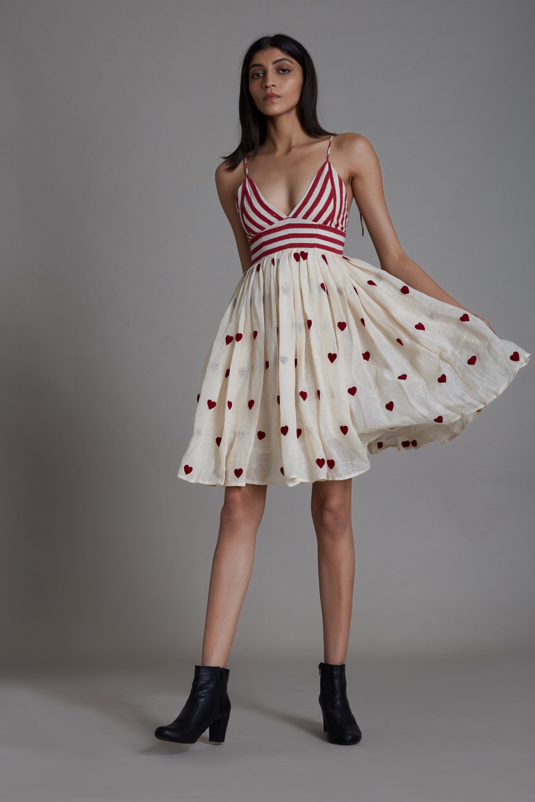Handwoven linen and cotton embroidered dress in oatmeal with heart motifs and hand block print, by MATI India