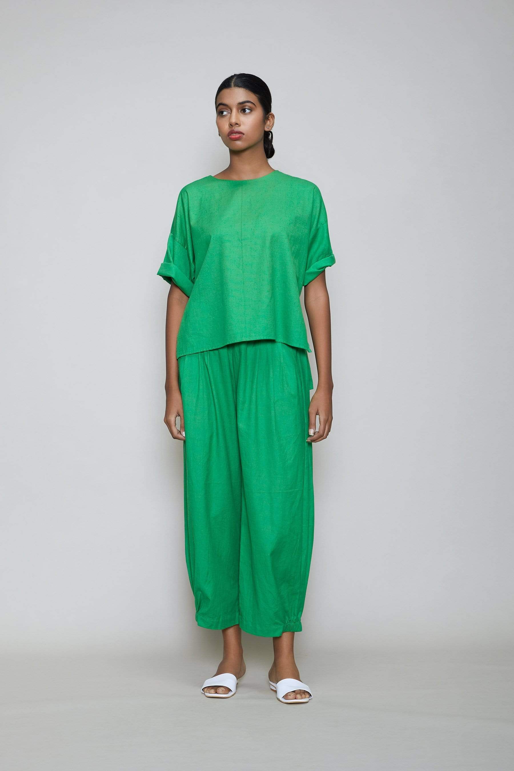 Handcrafted from Handwoven Organic Cotton, Green Coord Set for Women by Sustainable Fashion Designer Clothing Label MATI
