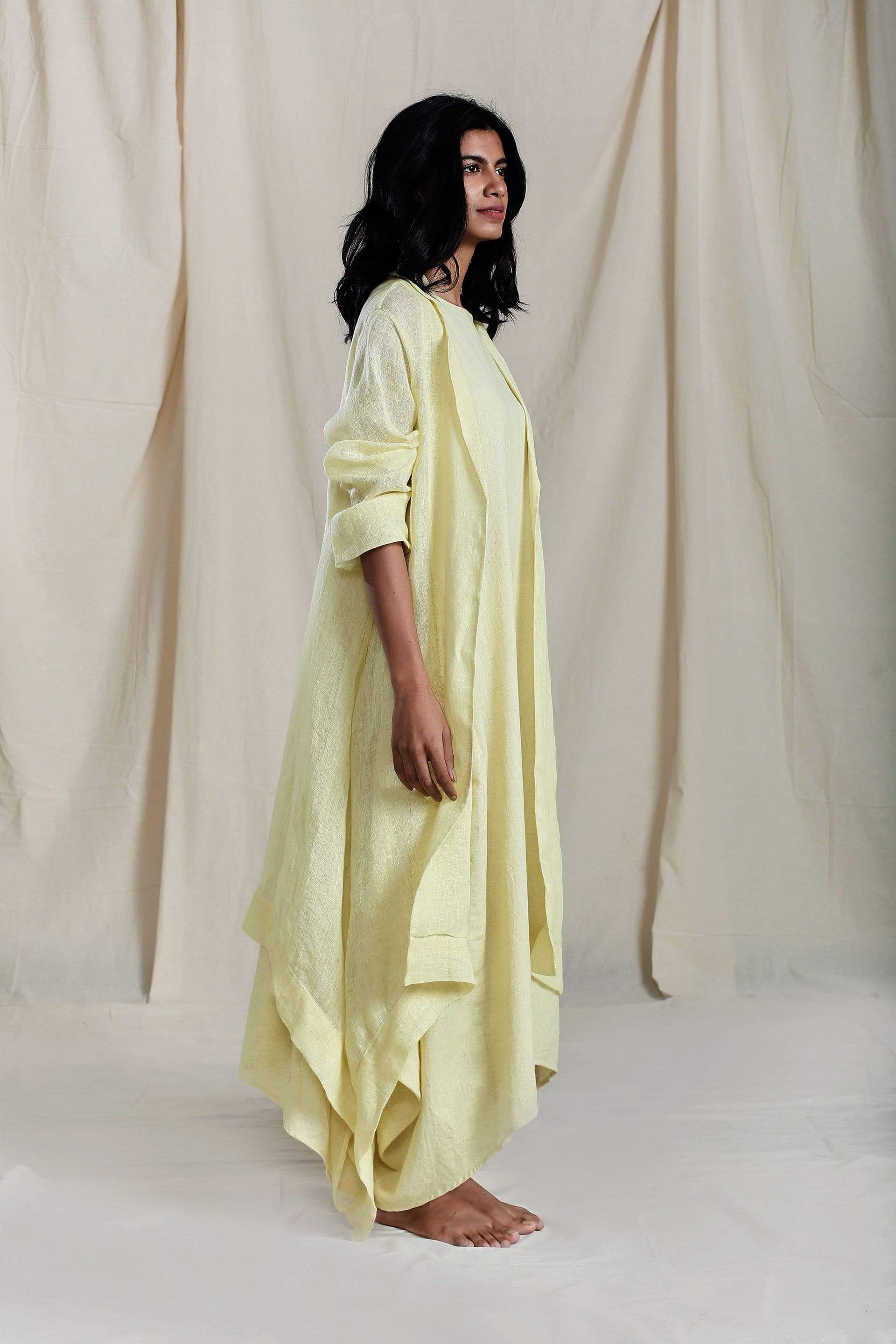 Handcrafted from Handwoven Organic Cotton, Yellow Dress & Jacket Coord Set for Women by Sustainable Fashion Designer Clothing Label MATI