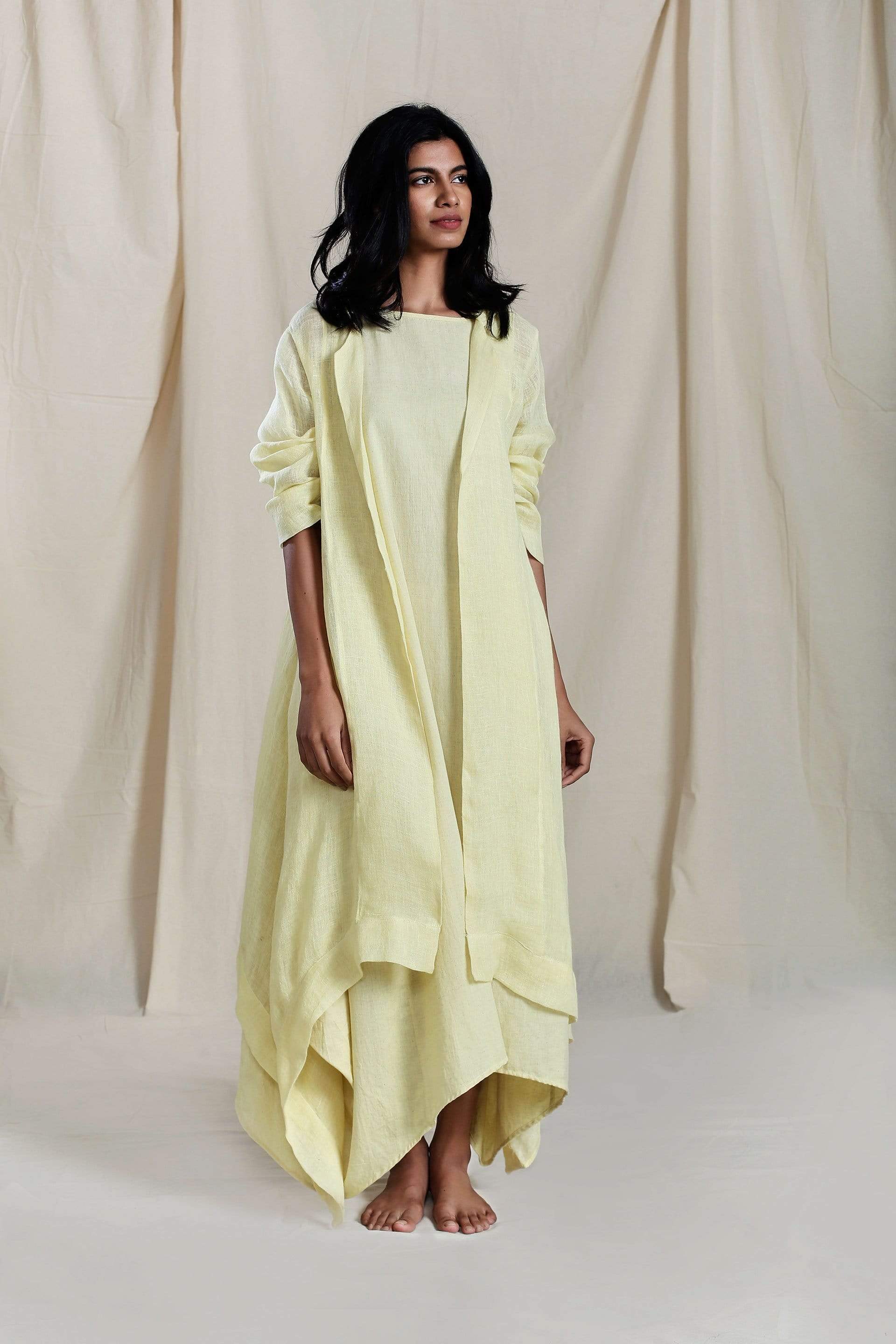 Handcrafted from Handwoven Organic Cotton, Yellow Dress & Jacket Coord Set for Women by Sustainable Fashion Designer Clothing Label MATI