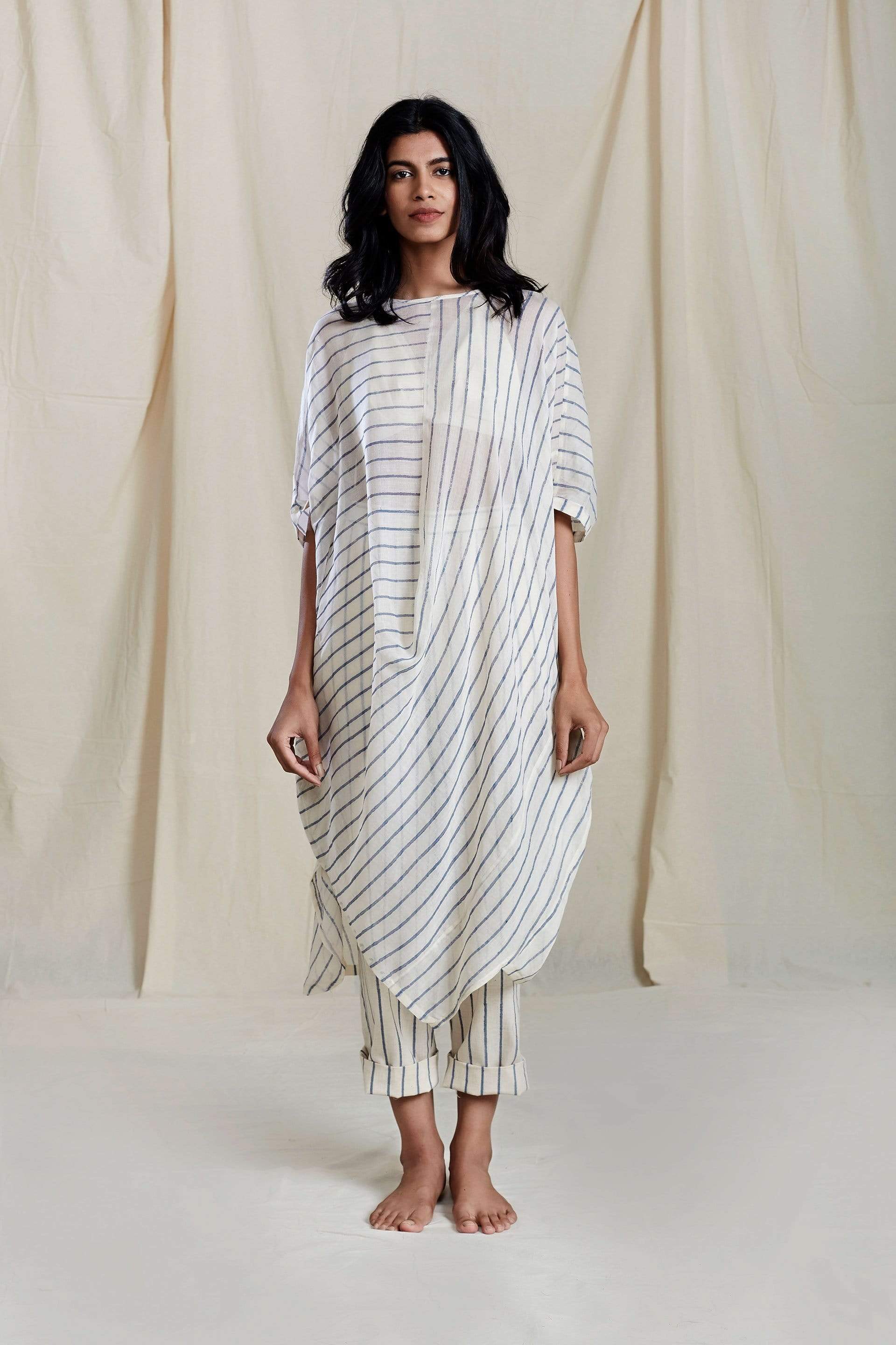 Handcrafted from Handwoven Organic Cotton, Striped Offwhite Dress Coord Set for Women by Sustainable Fashion Designer Clothing Label MATI