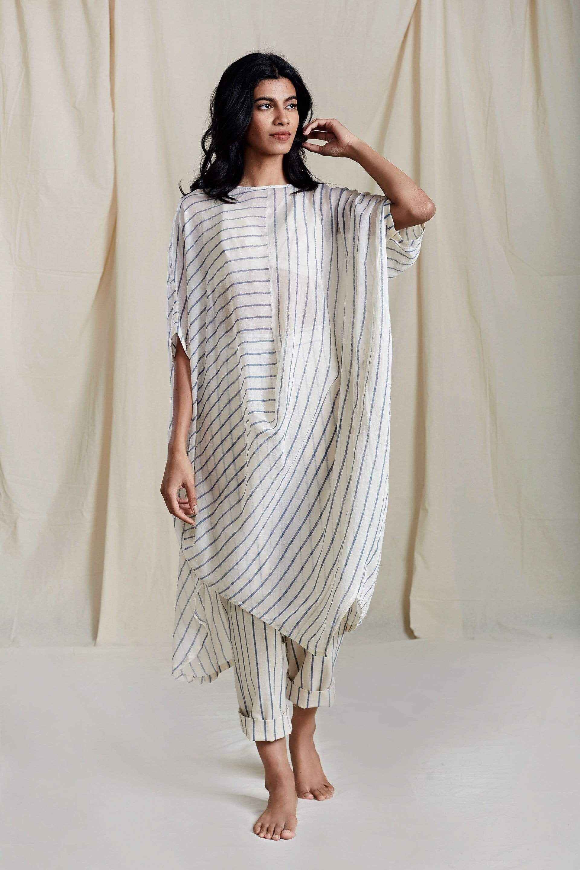 Handcrafted from Handwoven Organic Cotton, Striped Offwhite Dress Coord Set for Women by Sustainable Fashion Designer Clothing Label MATI