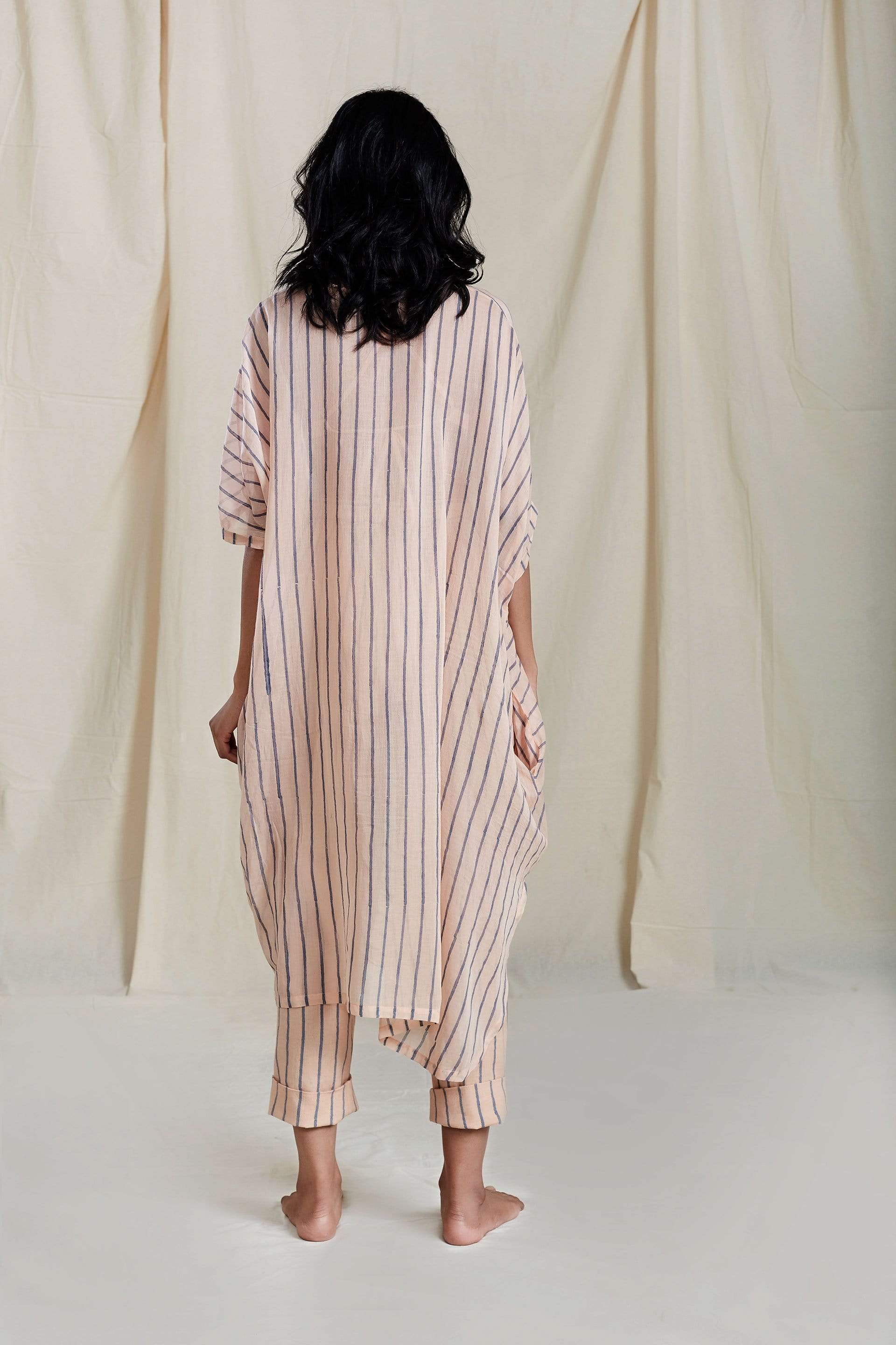 Handcrafted from Handwoven Organic Cotton, Striped Pink Dress Coord Set for Women by Sustainable Fashion Designer Clothing Label MATI
