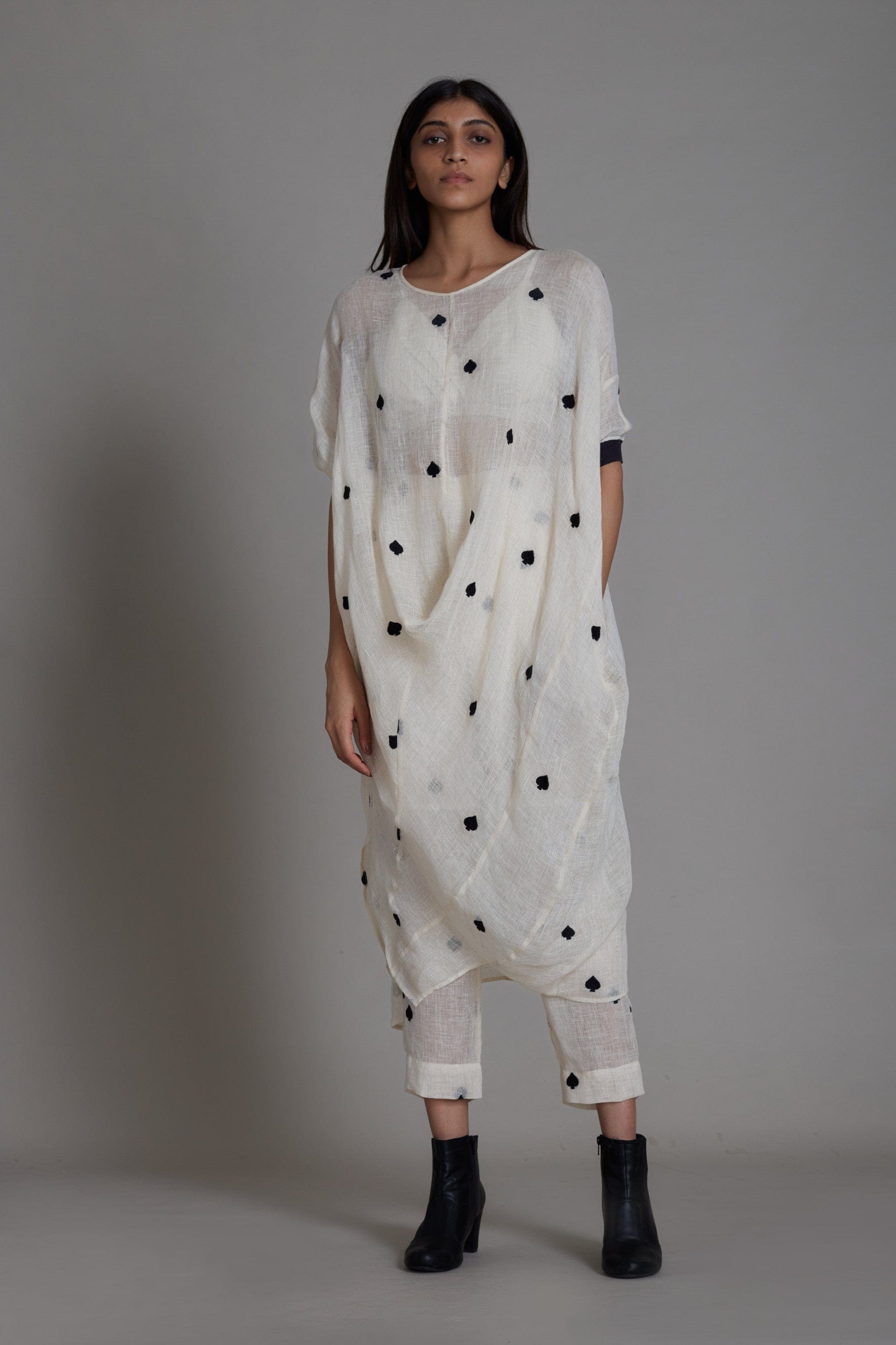 Handmade Pure Linen Offwhite Cowl Coord Set with Thread Embroidery by Sustainable Clothing Label MATI