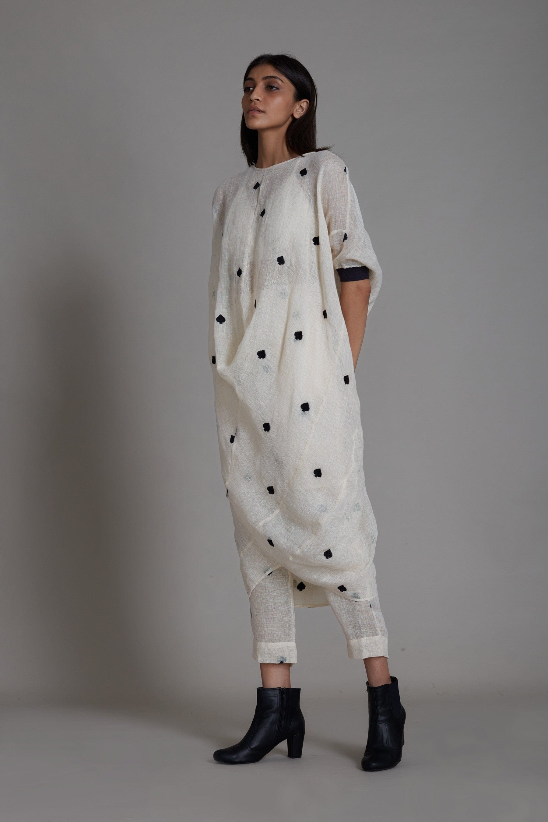 Handmade Pure Linen Offwhite Cowl Coord Set with Thread Embroidery by Sustainable Clothing Label MATI