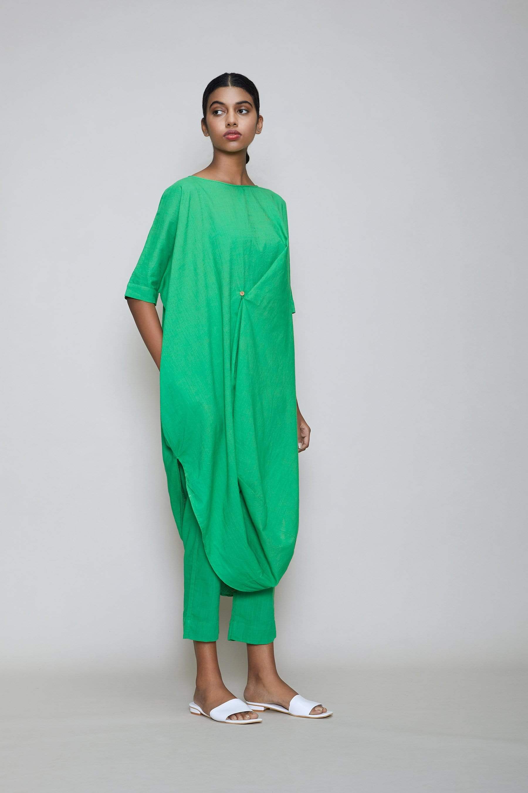 Handcrafted from Handwoven Organic Cotton, Green Cowl Coord Set for Women by Sustainable Fashion Designer Clothing Label MATI