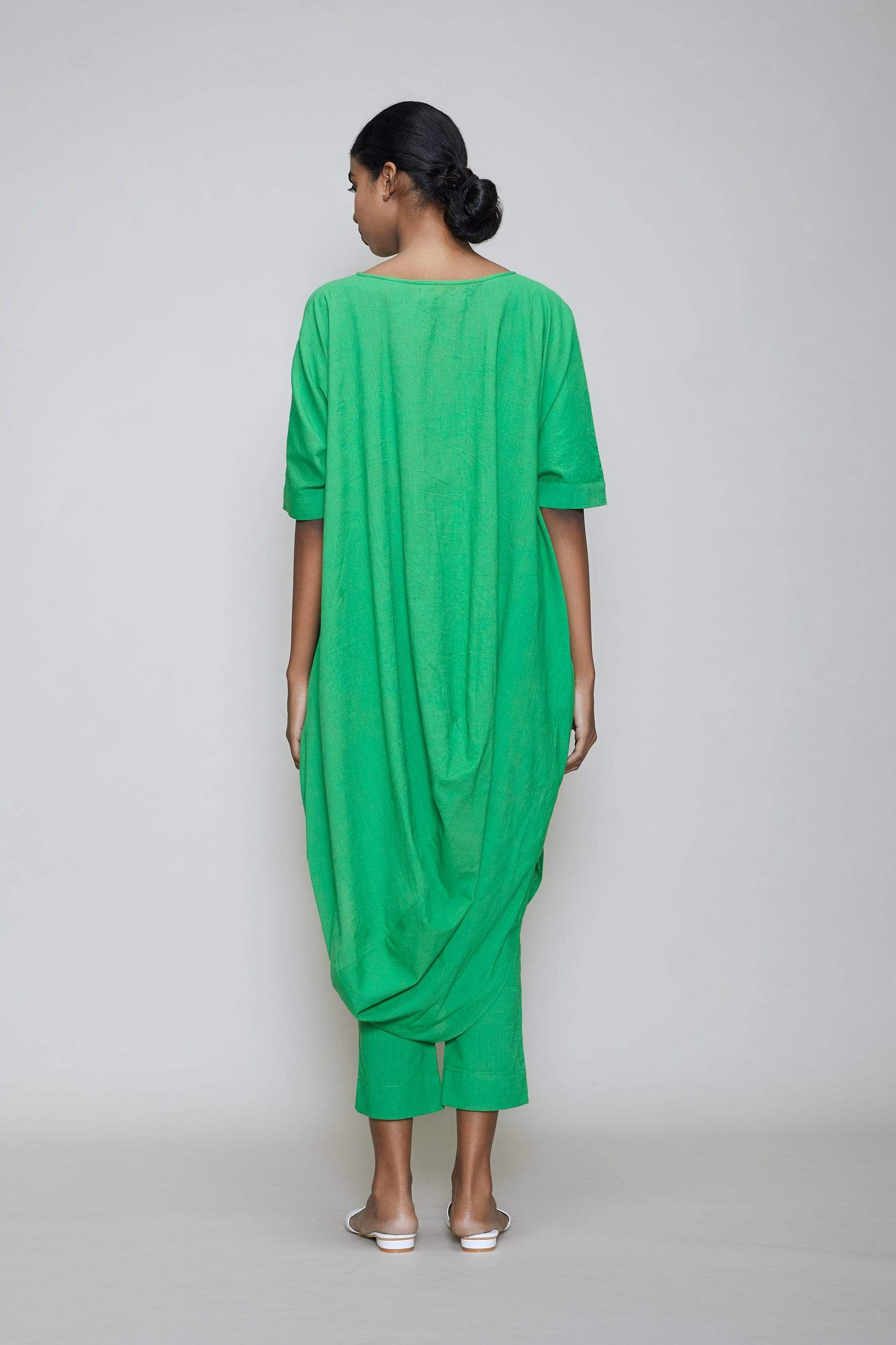 Handcrafted from Handwoven Organic Cotton, Green Cowl Coord Set for Women by Sustainable Fashion Designer Clothing Label MATI