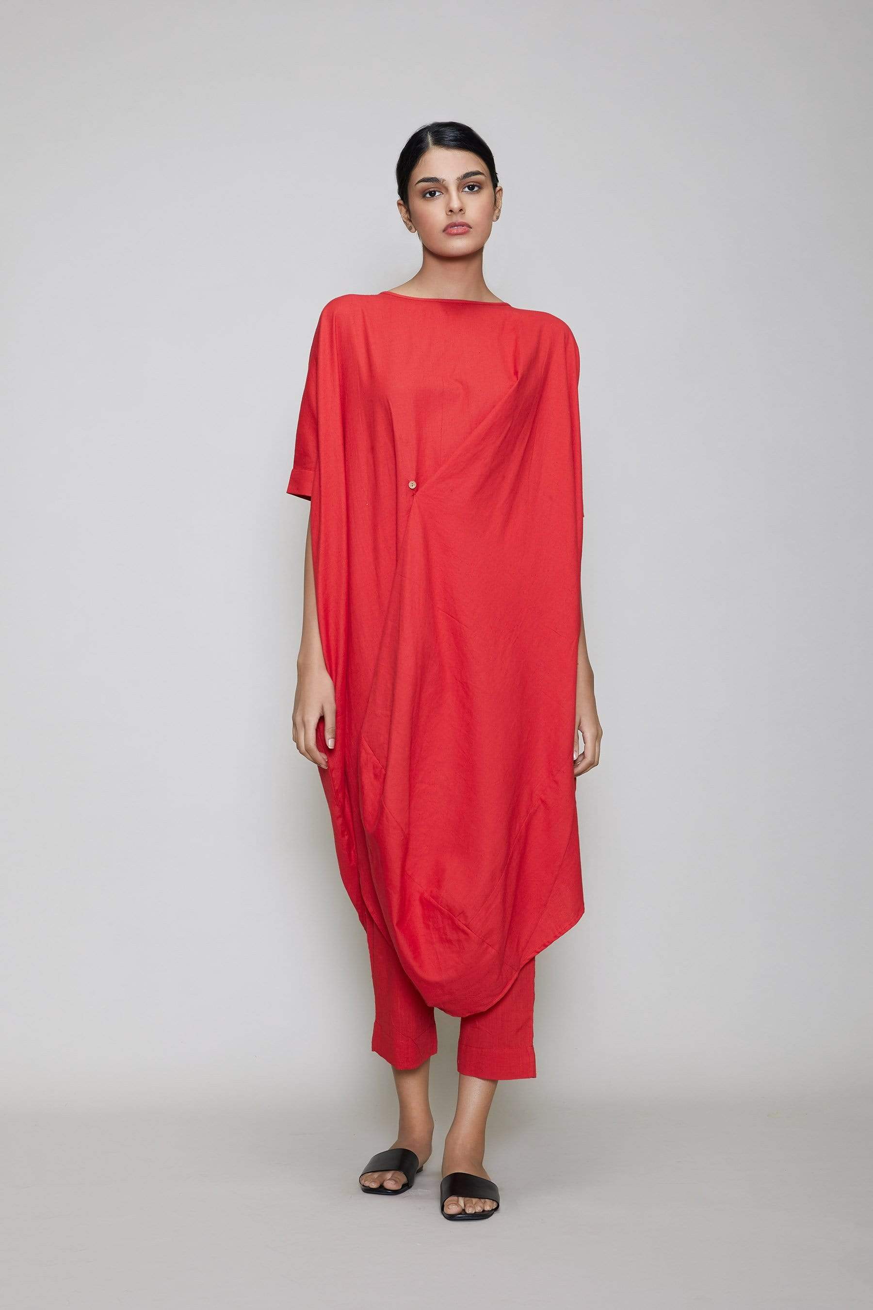 Handcrafted from Handwoven Organic Cotton, Red Cowl Coord Set for Women by Sustainable Fashion Designer Clothing Label MATI